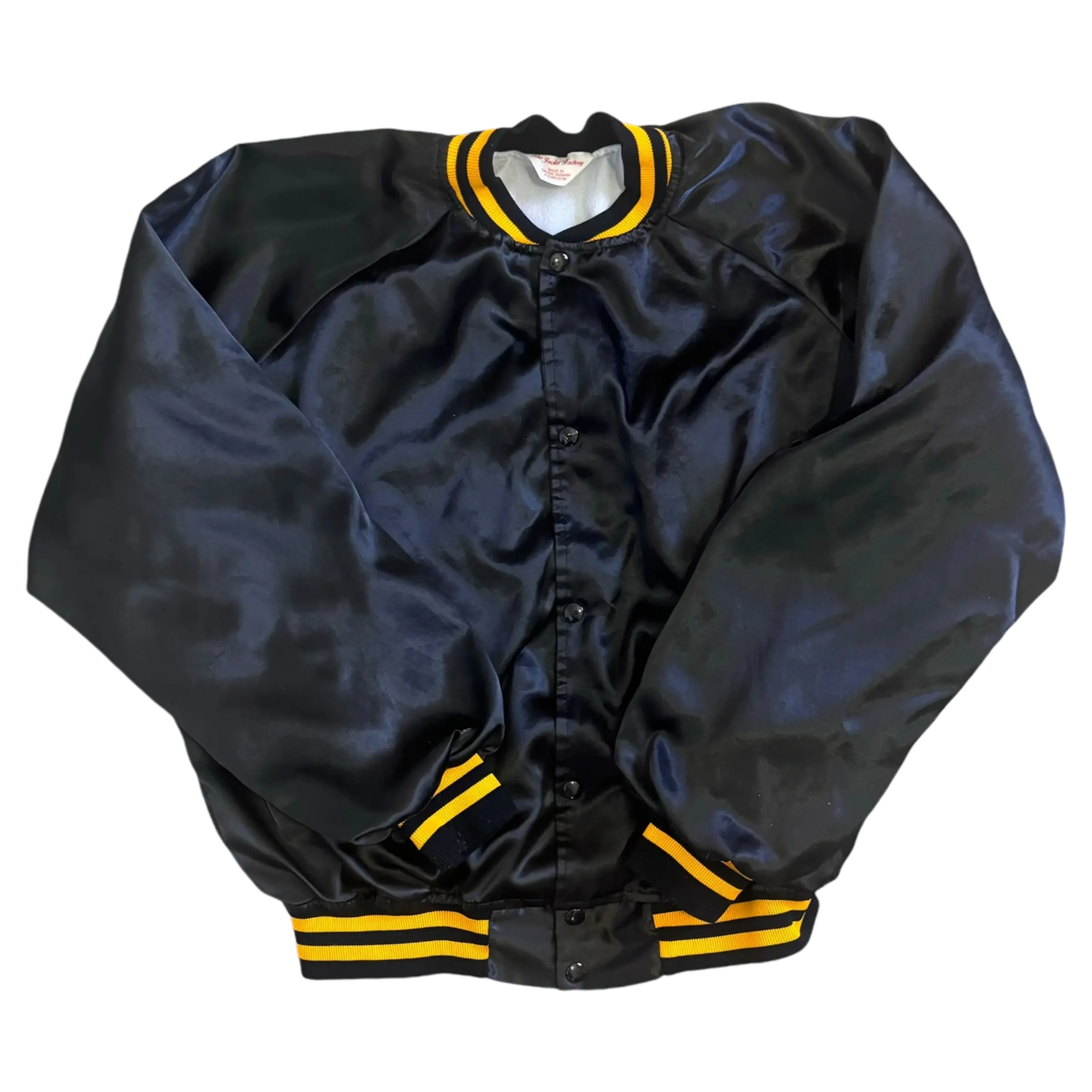 Vintage black Purdue Satin Bomber Jacket with ribbed cuffs and yellow ‘Purdue’ lettering on the back, perfect for layering and showcasing Boilermaker pride.