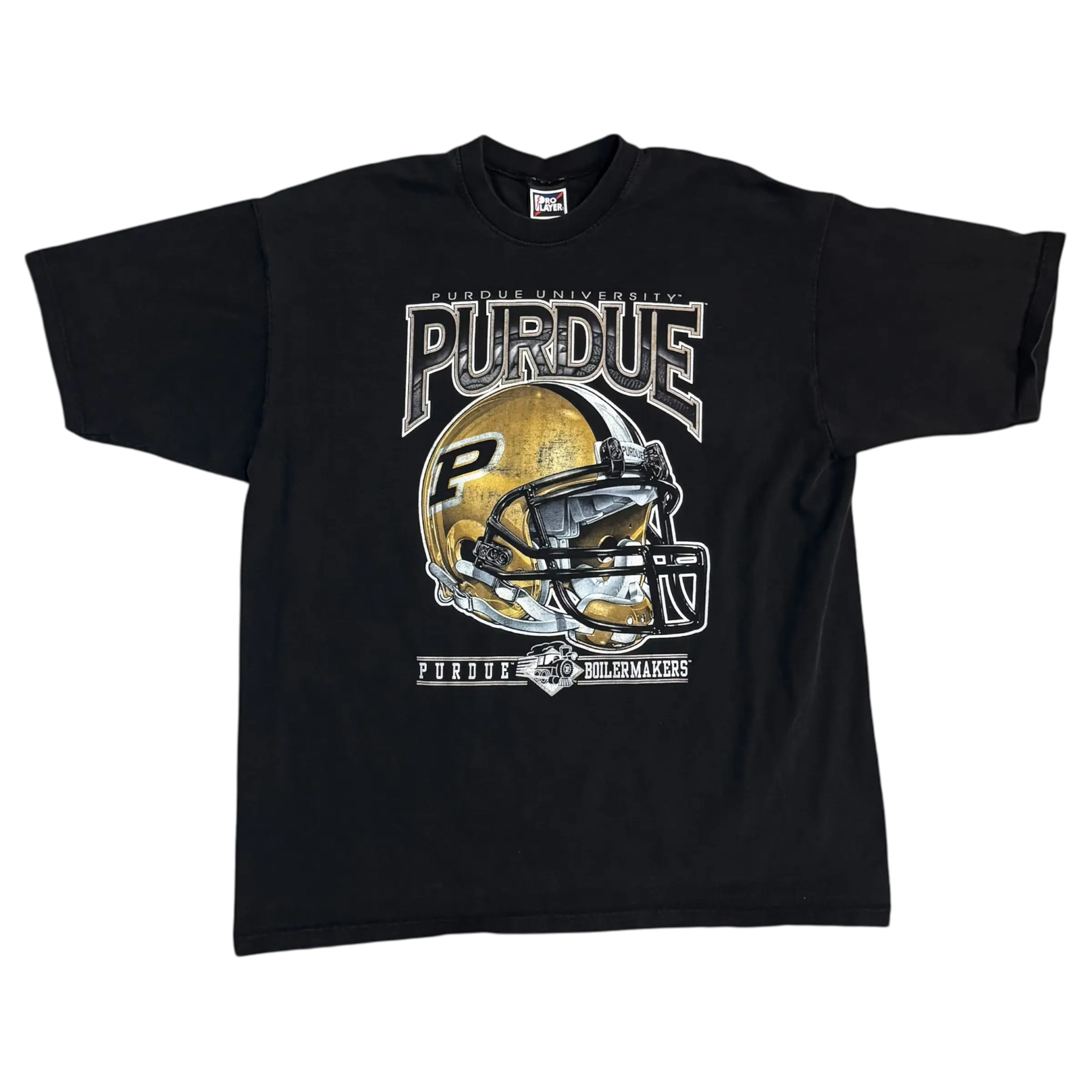Vintage Purdue Pro Player football shirt in black featuring a football helmet graphic and Purdue logo, perfect for Boilermaker fans.
