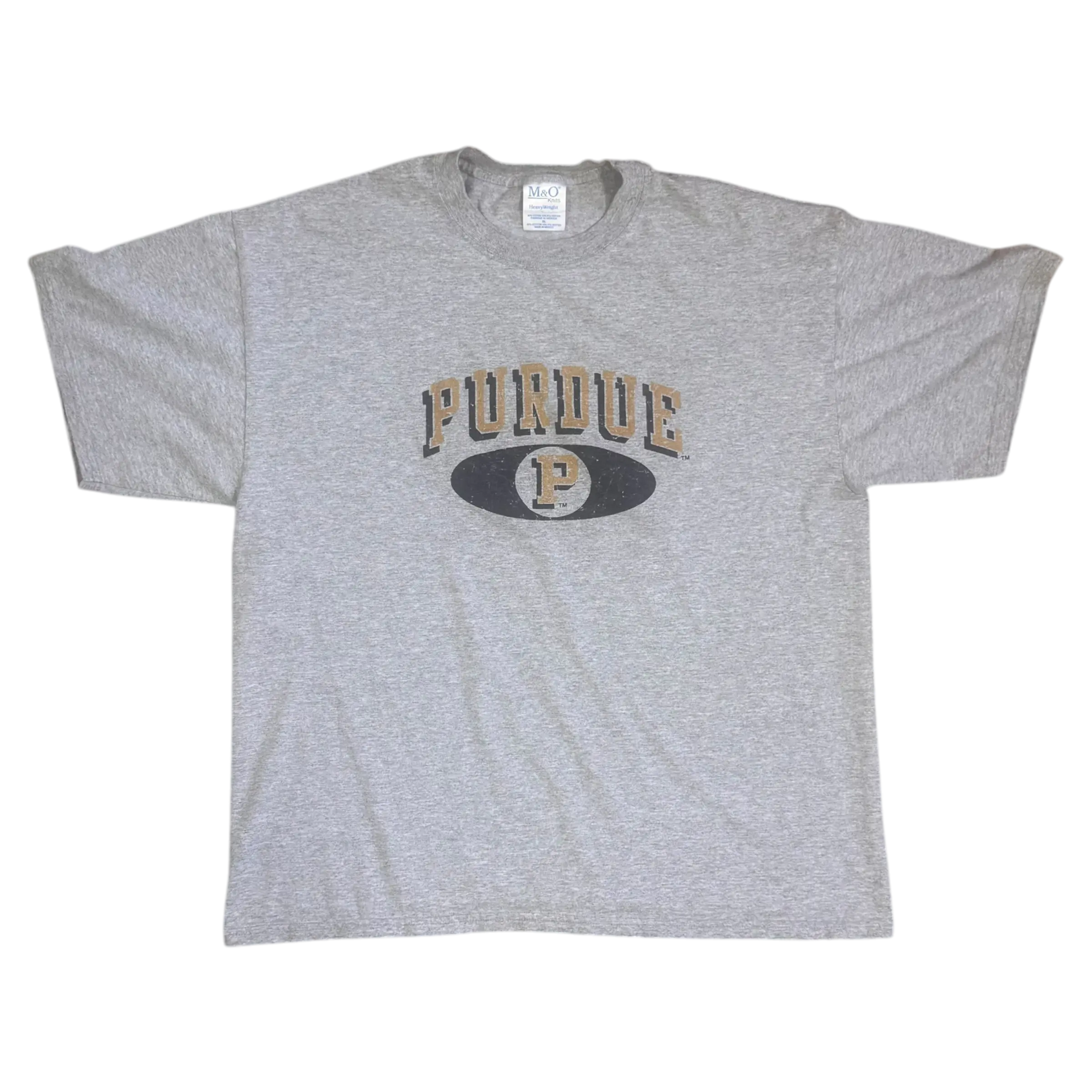 Vintage grey Purdue University T-shirt featuring bold Purdue print, perfect for fans looking to showcase their Boilermaker pride.