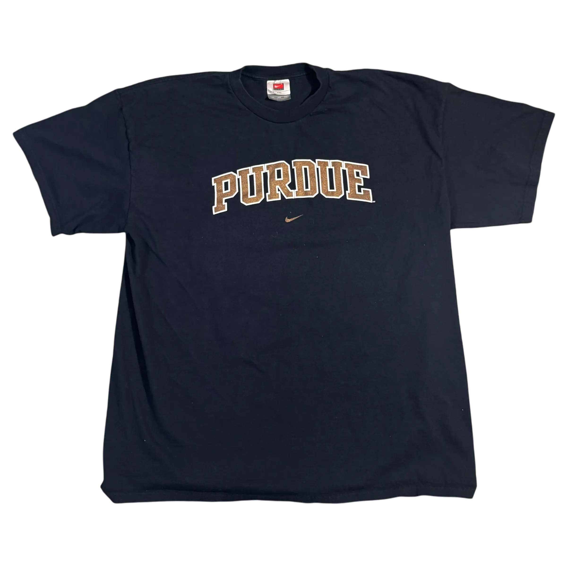 Vintage black Purdue Nike t-shirt, size 2XL, with bold Purdue lettering and classic Nike branding for Boilermaker fans.