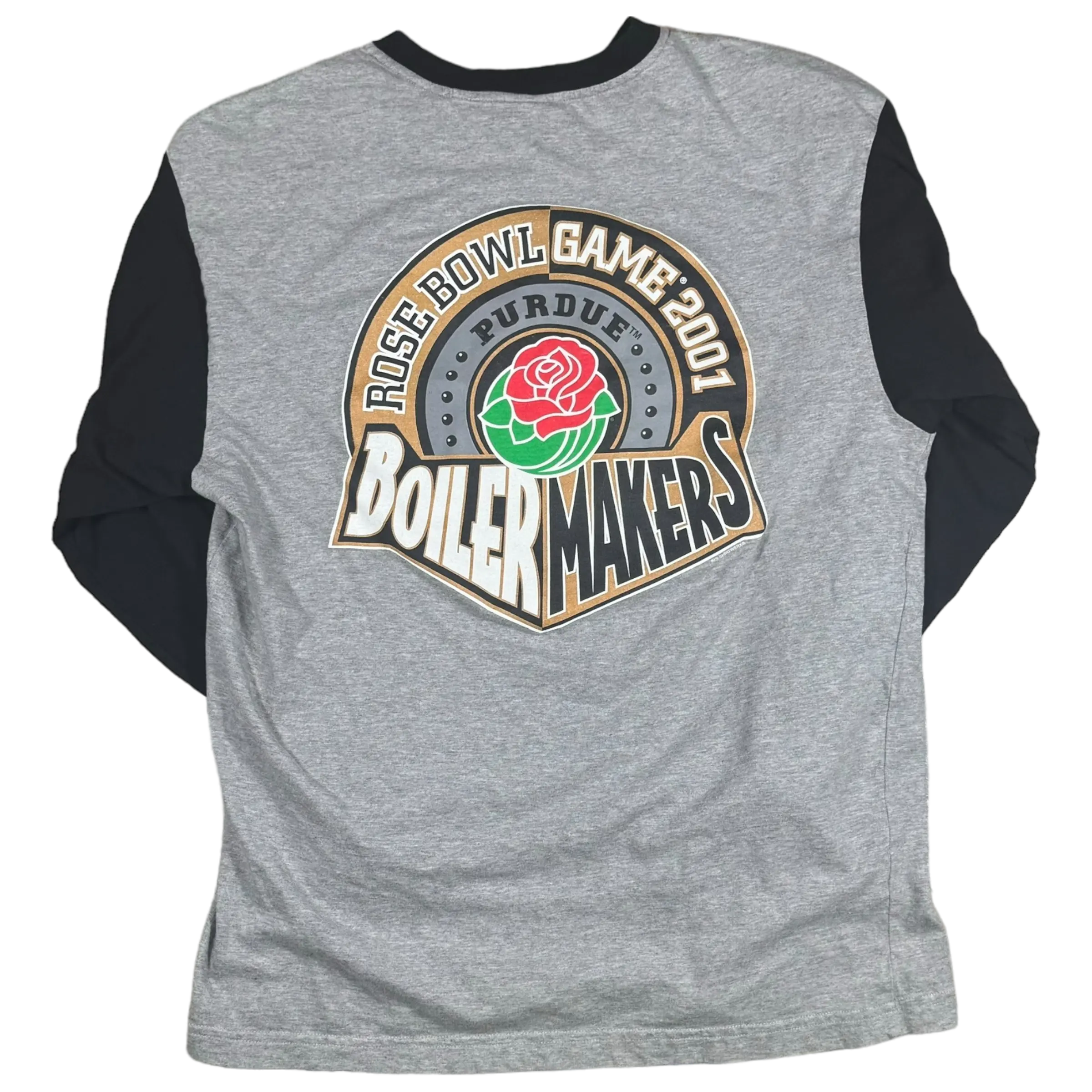 Vintage Rose Bowl multicolor long sleeve featuring Purdue Boilermakers graphics, grey fabric with black sleeves, and bold Rose Bowl emblem on the back.