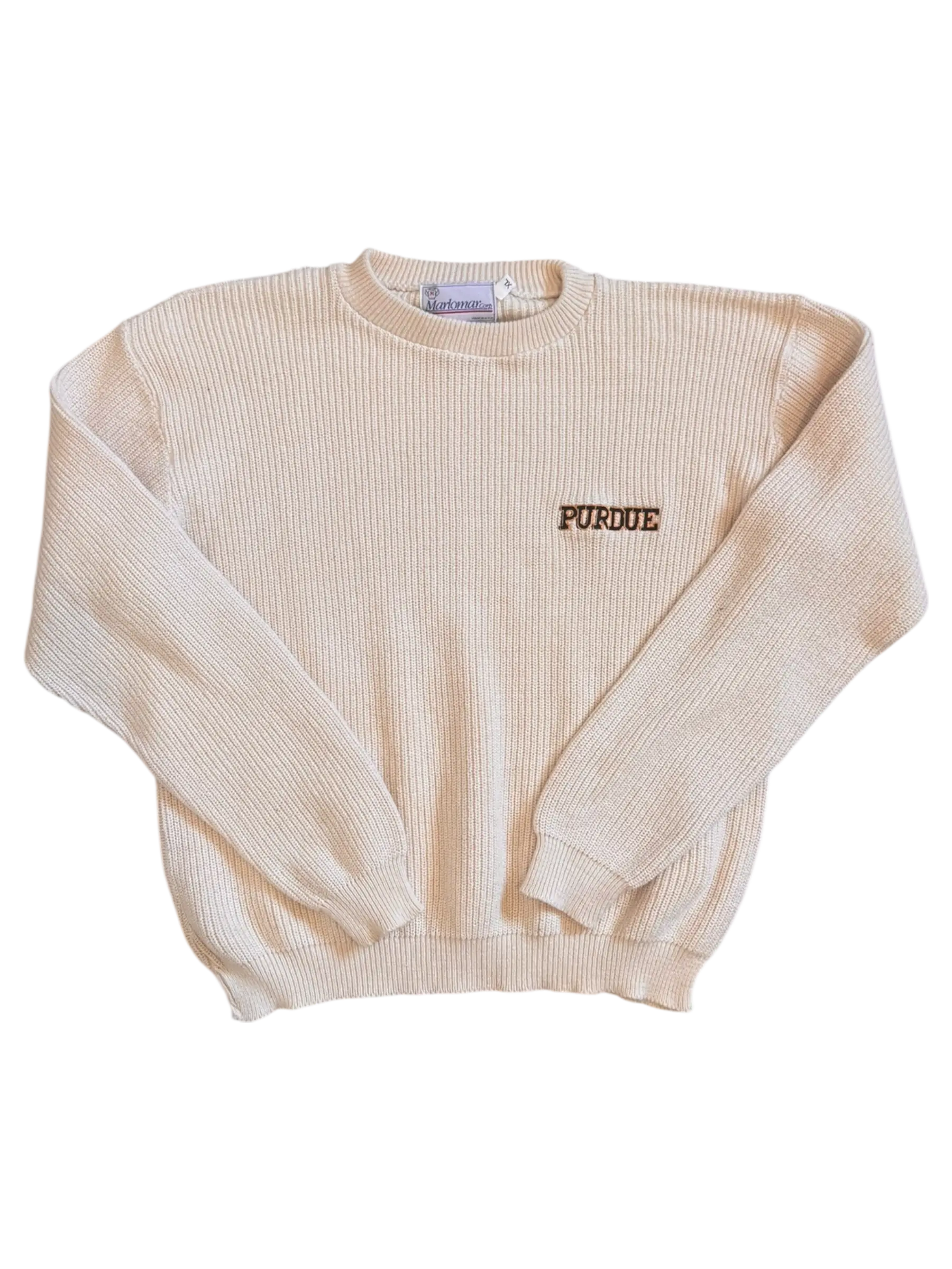Vintage cream ribbed knit Marlomar Corp Purdue University sweater with embroidered PURDUE text on the chest, size L.