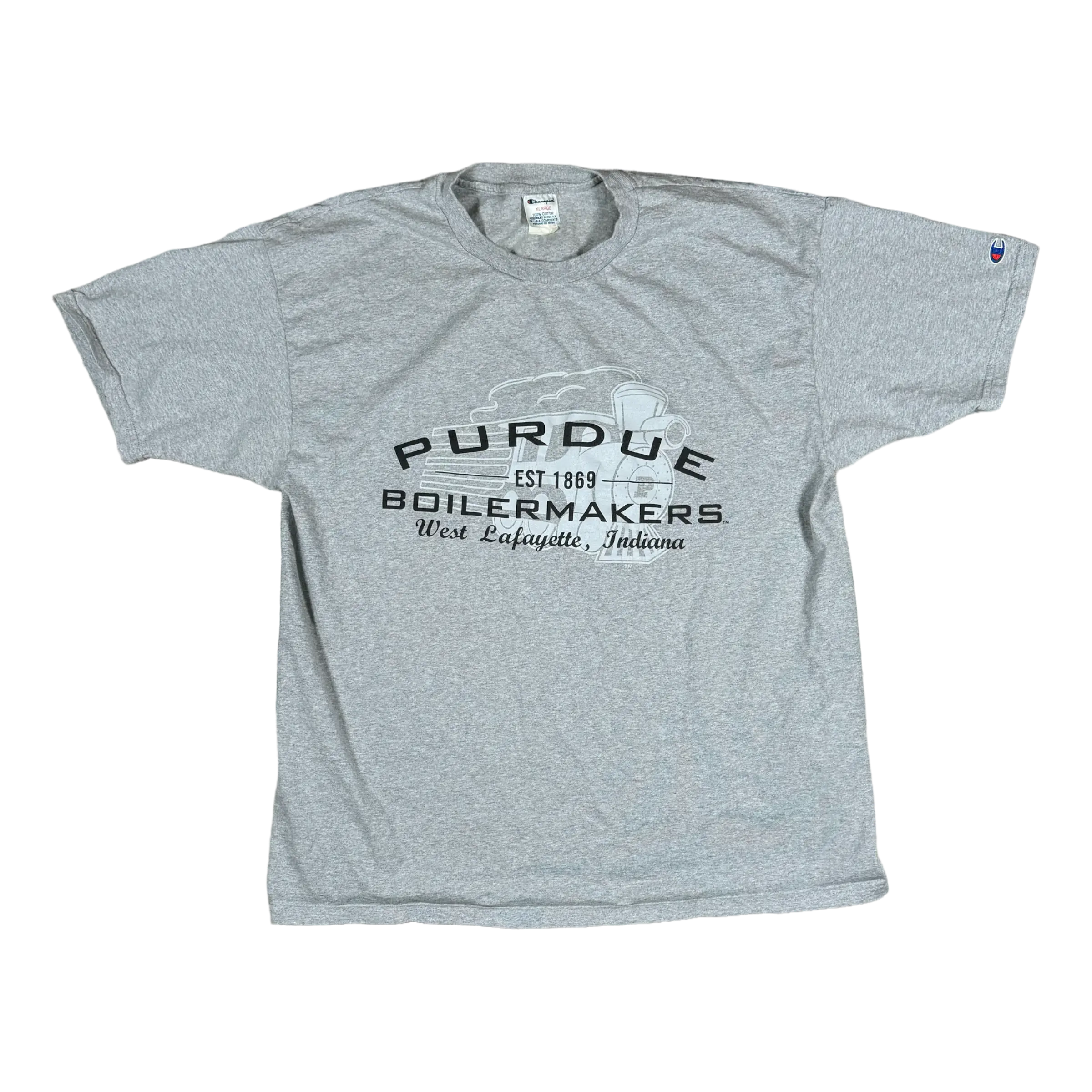 Shadow Train Tee in grey by Champion, featuring a classic Purdue Boilermakers design, ideal for fans and vintage clothing enthusiasts.