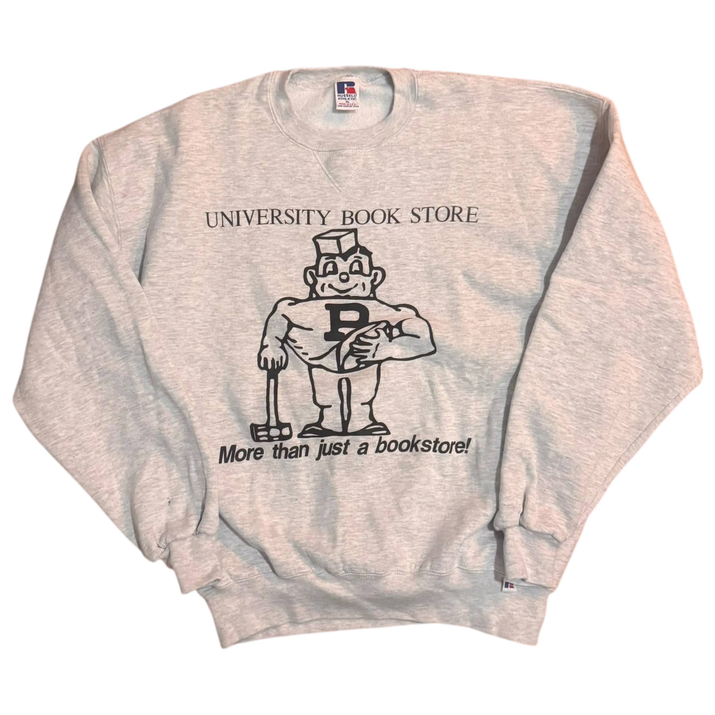 Vintage grey University Book Store crewneck featuring a bookstore design. Made by Russell Athletic.