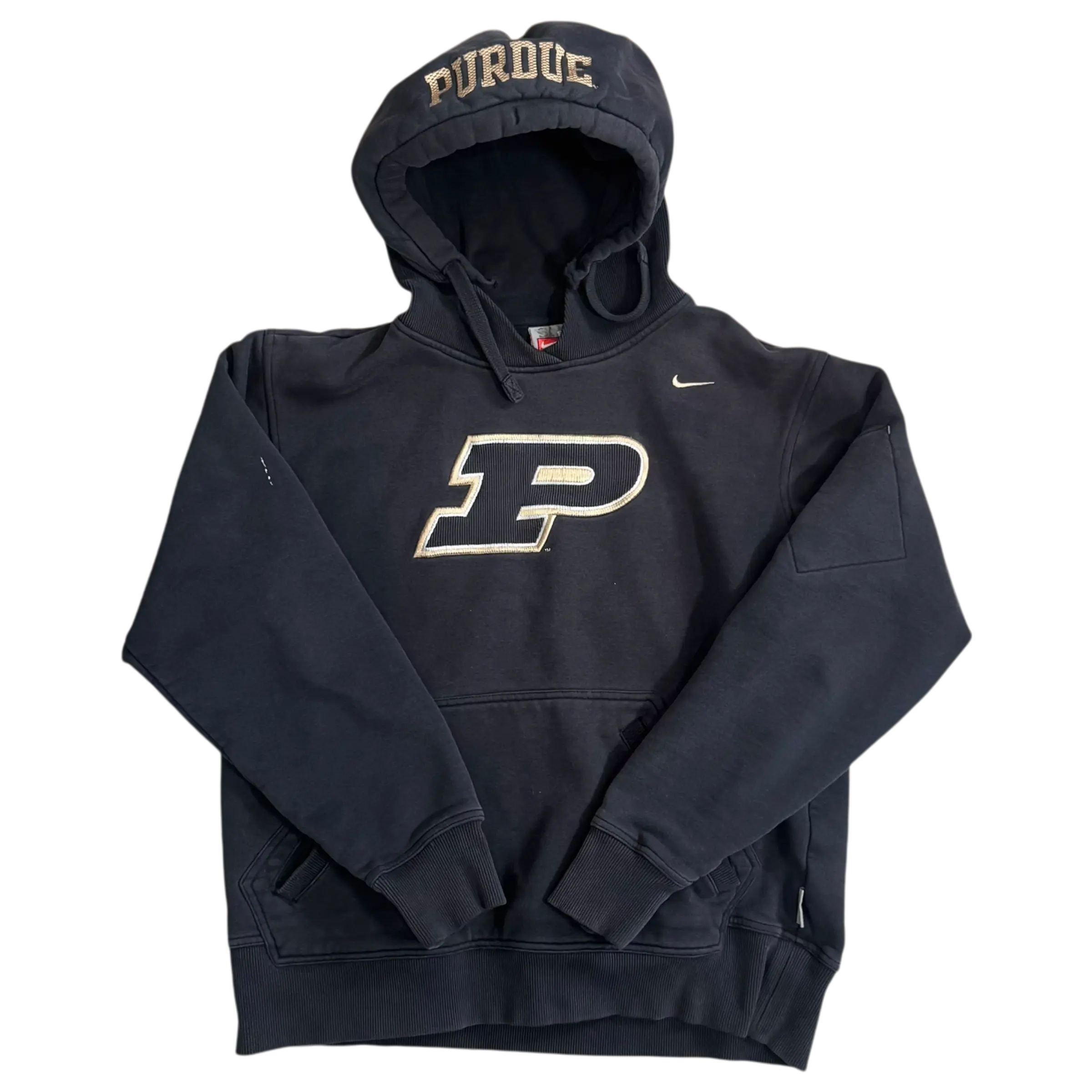 Black Nike Purdue Embroidered Hoodie, size M, with bold Purdue ‘P’ logo and minor paint mark on right sleeve.