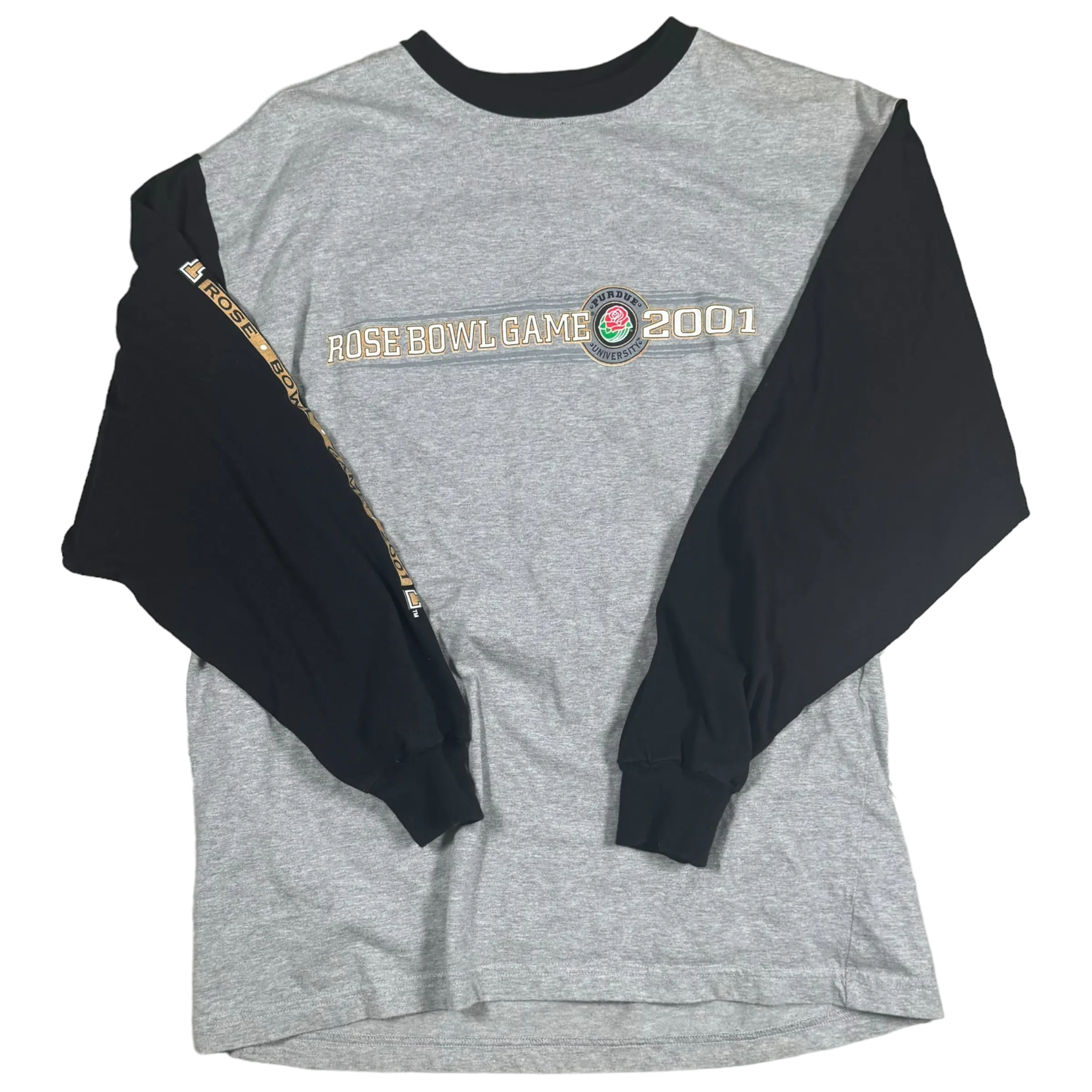 Vintage Rose Bowl multicolor long sleeve featuring Purdue Boilermakers graphics, grey fabric with black sleeves, and bold Rose Bowl emblem on the back.