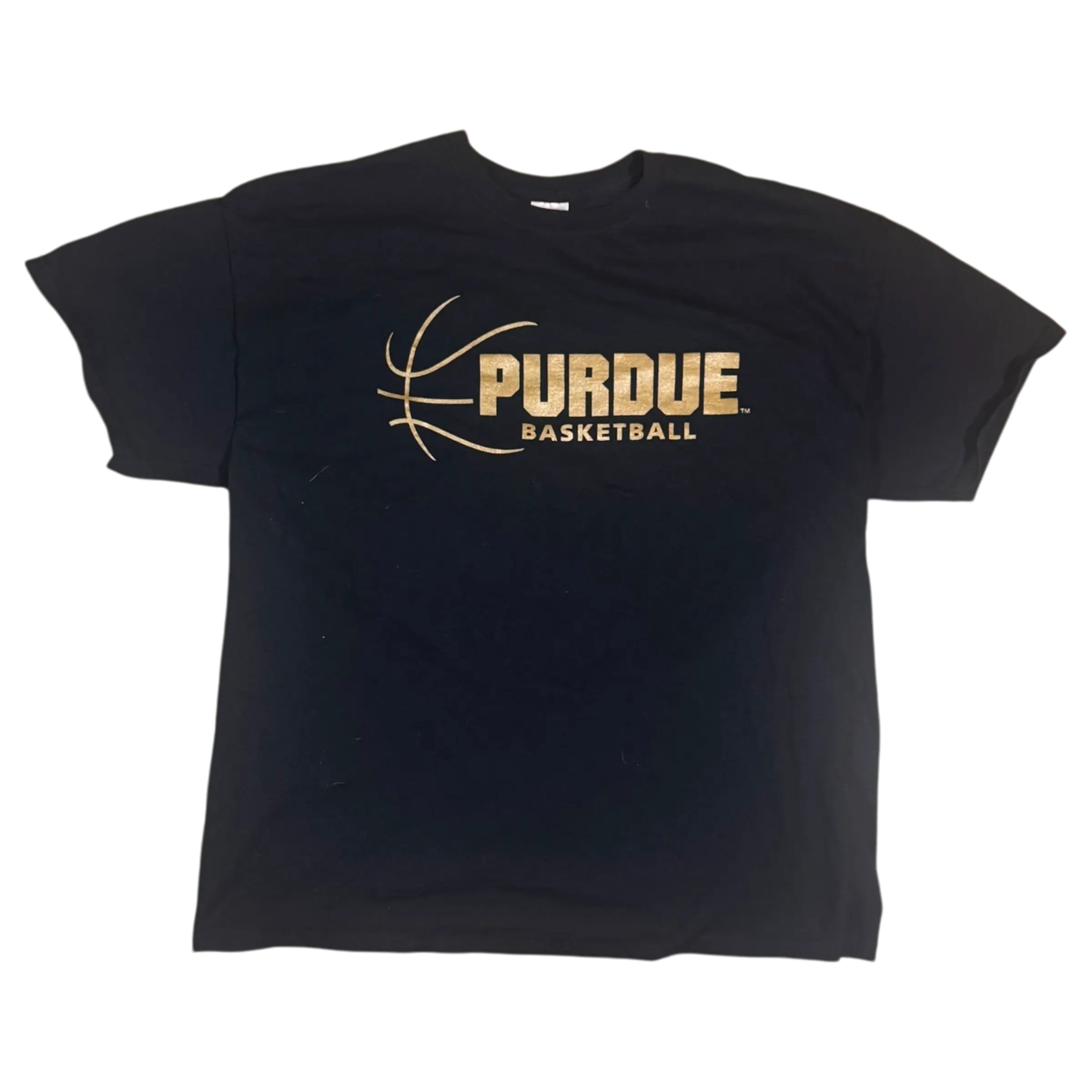 Black vintage Purdue Basketball Tee with gold graphic design and basketball logo, size XL.