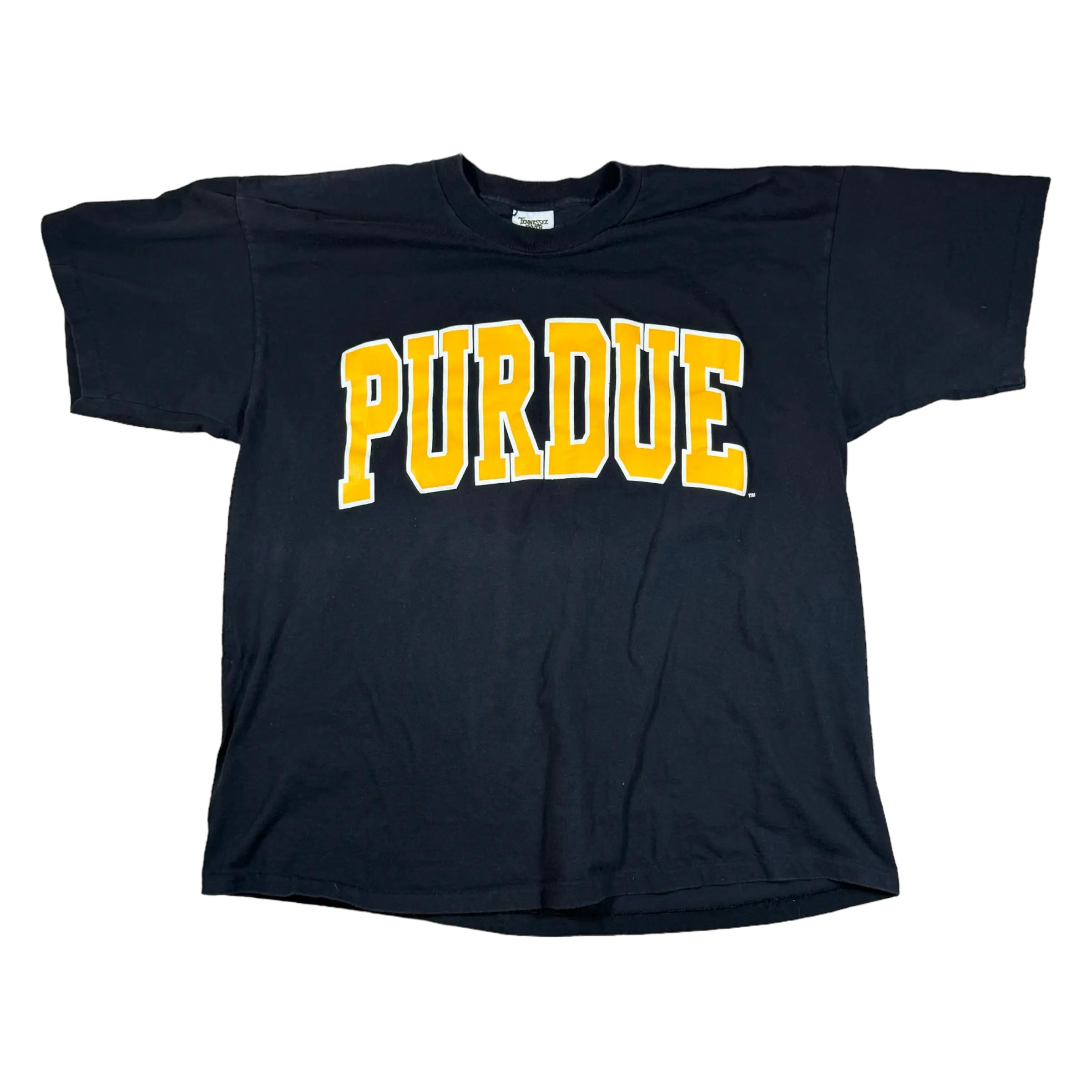Classic black Purdue T-shirt with bold gold lettering in size 2XL, perfect for college students and fans.