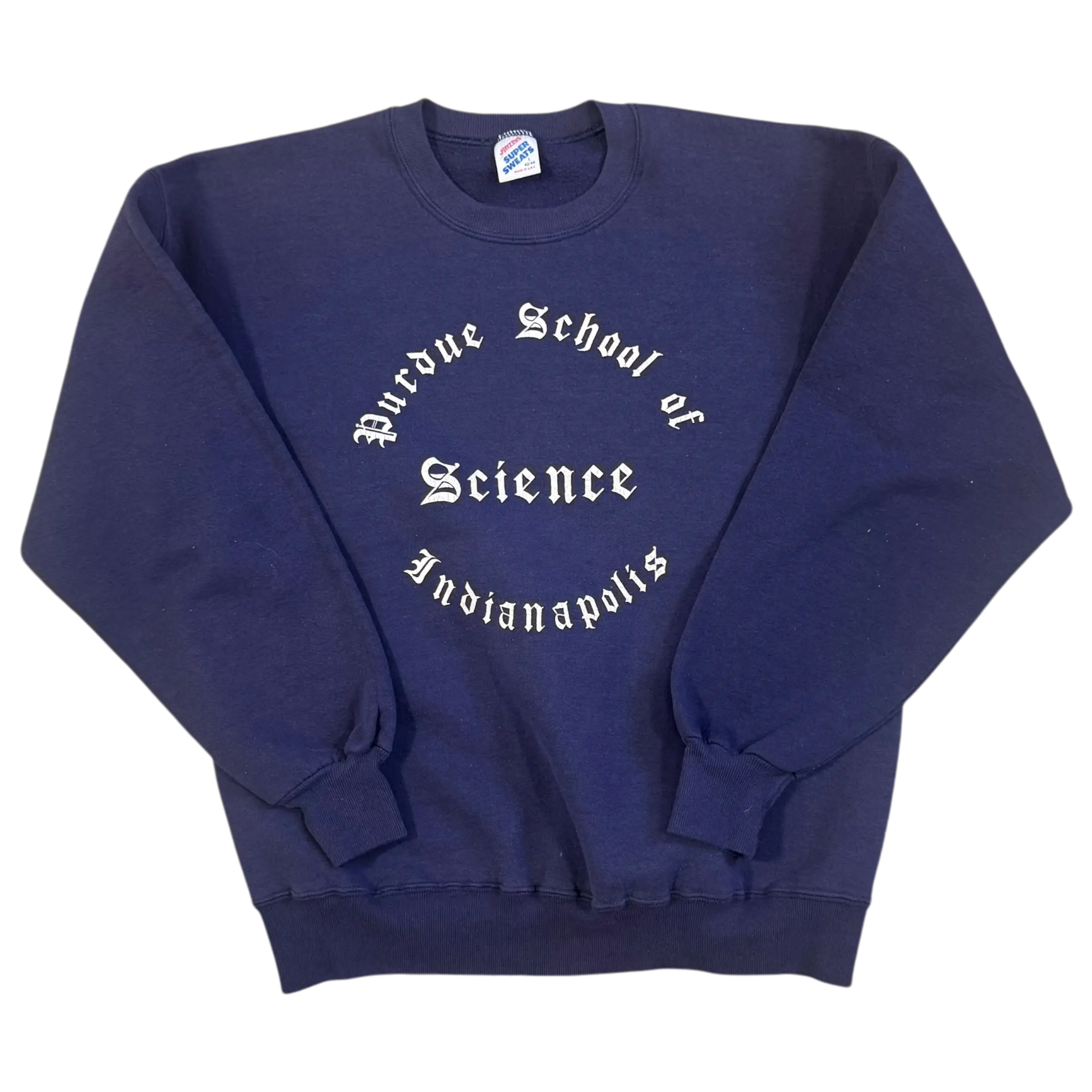 Vintage Purdue School of Science Indianapolis Crewneck in navy blue, size medium, with classic collegiate design and bold lettering. Ideal for Purdue fans and alumni.
