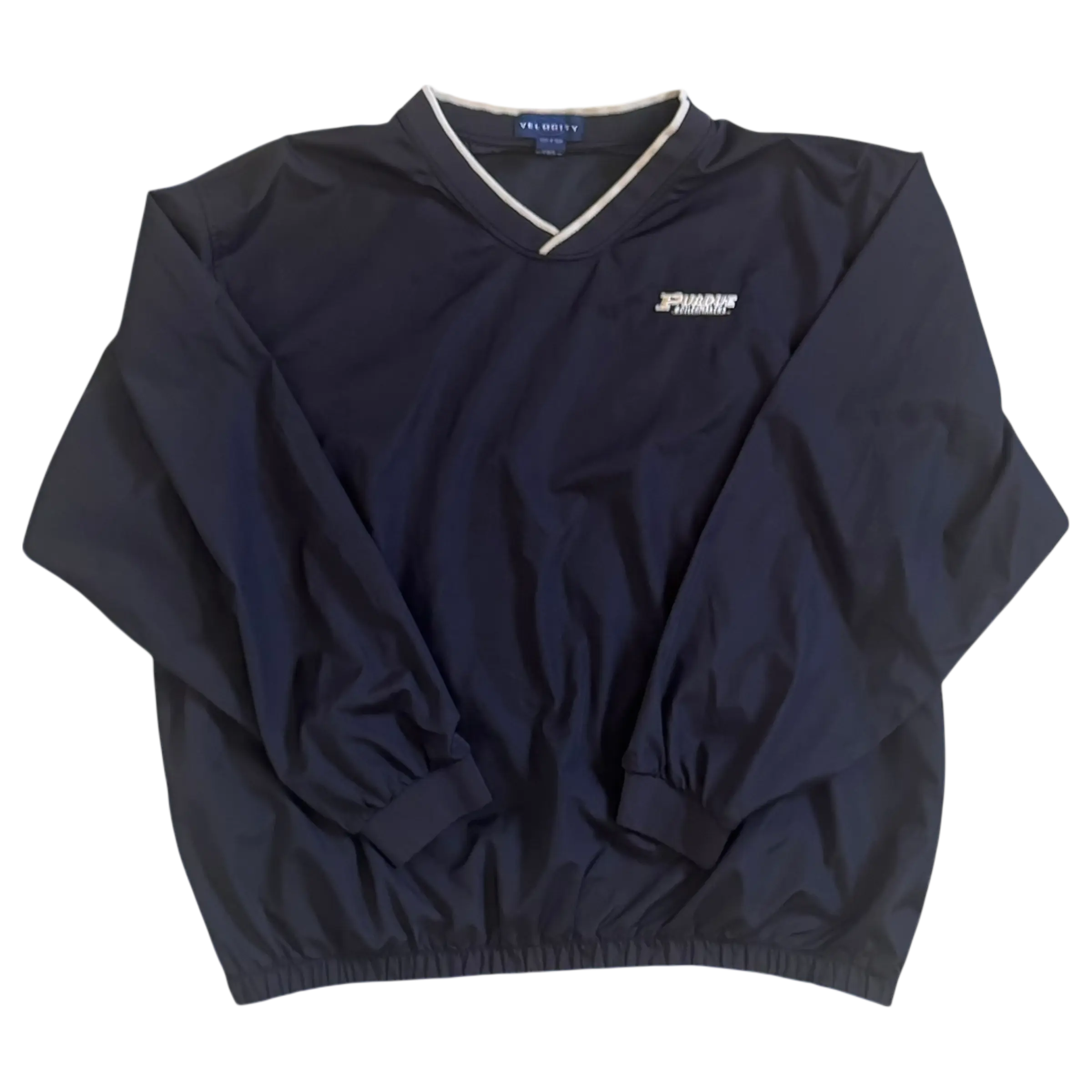 Black Velocity brand XL Purdue Boilermakers pullover with V-neck white trim and embroidered chest logo.