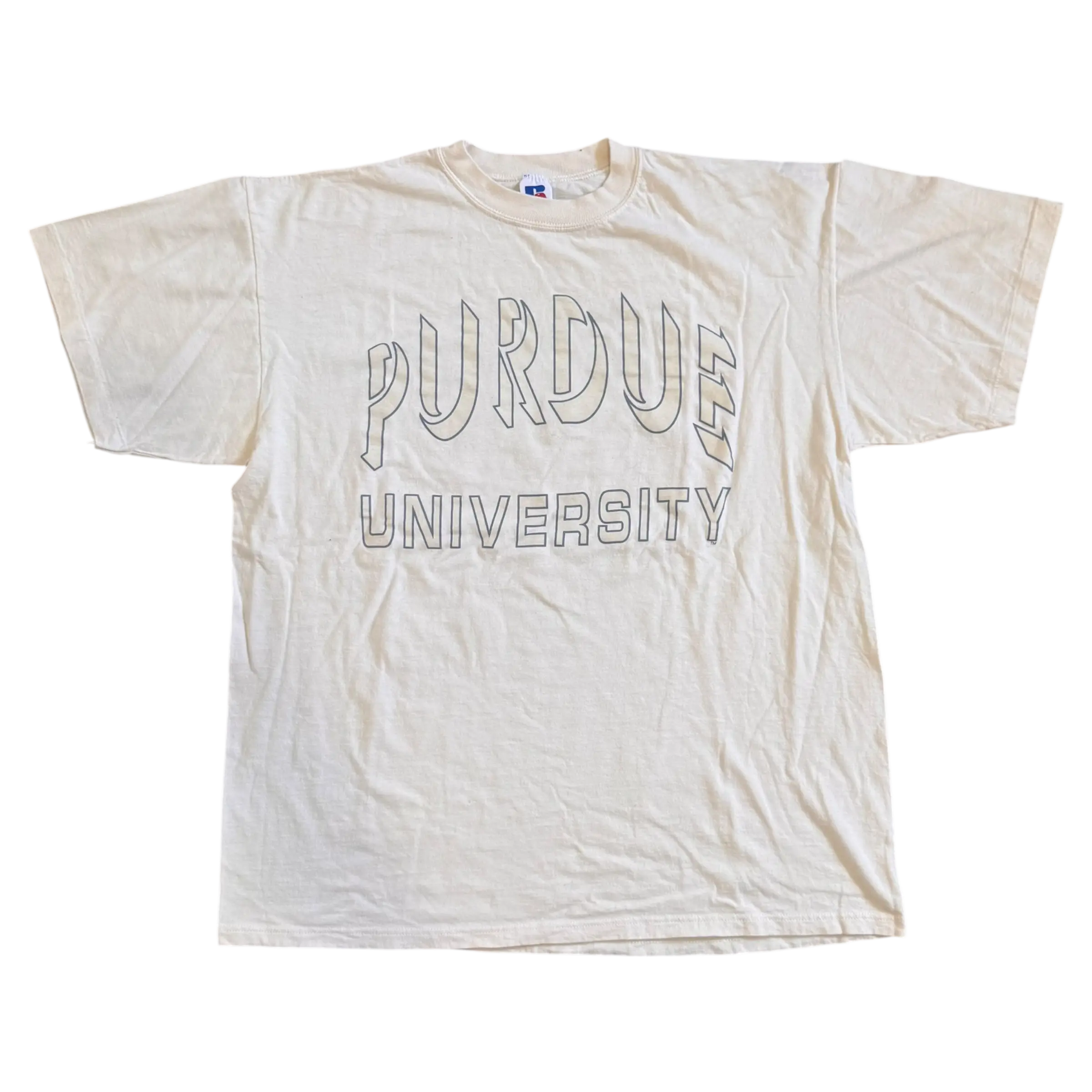 Vintage cream Purdue University T-shirt with outlined black block lettering on front, size XL.