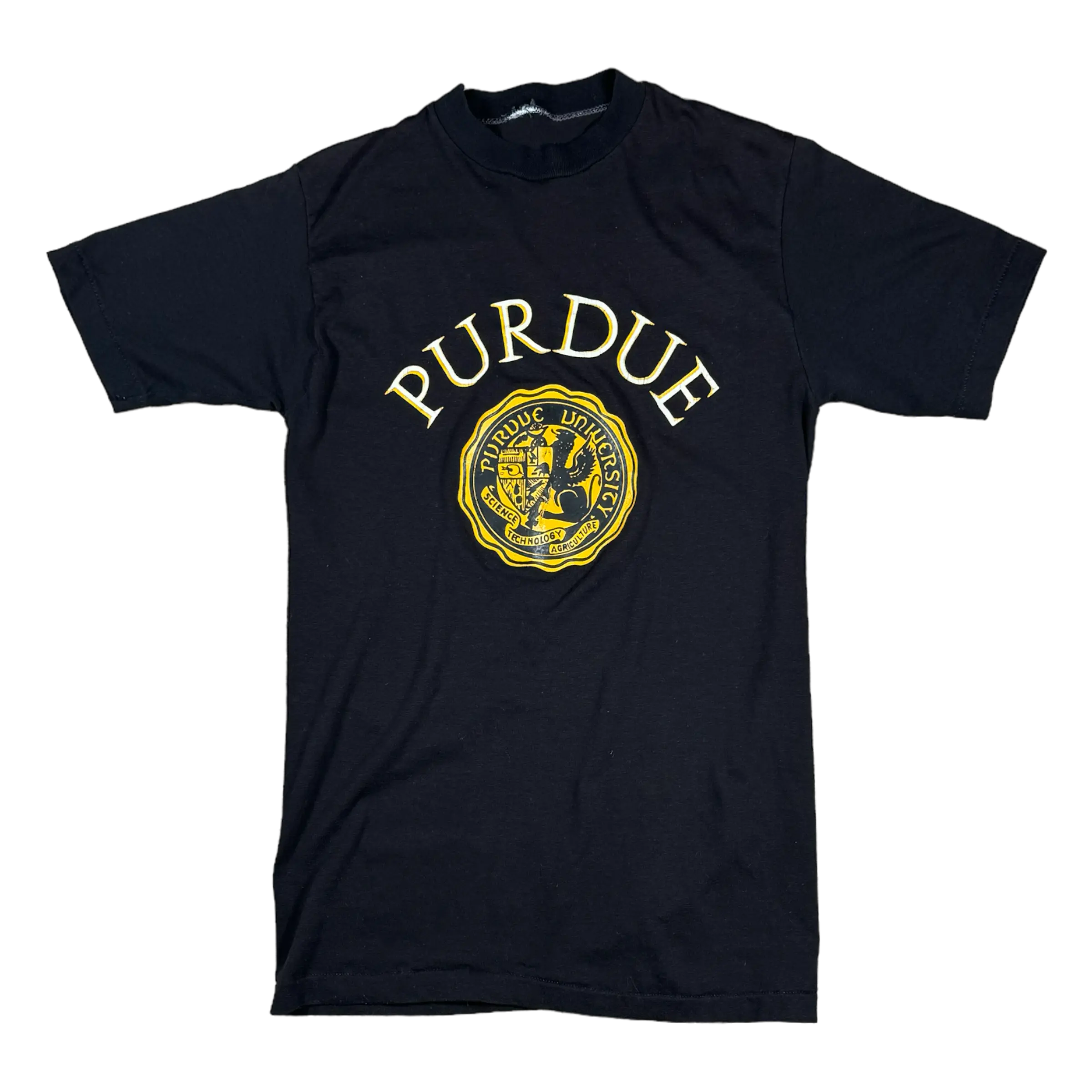 Vintage Purdue Science Technology Agriculture short-sleeve tee in black with a gold emblem, ideal for fans and alumni.