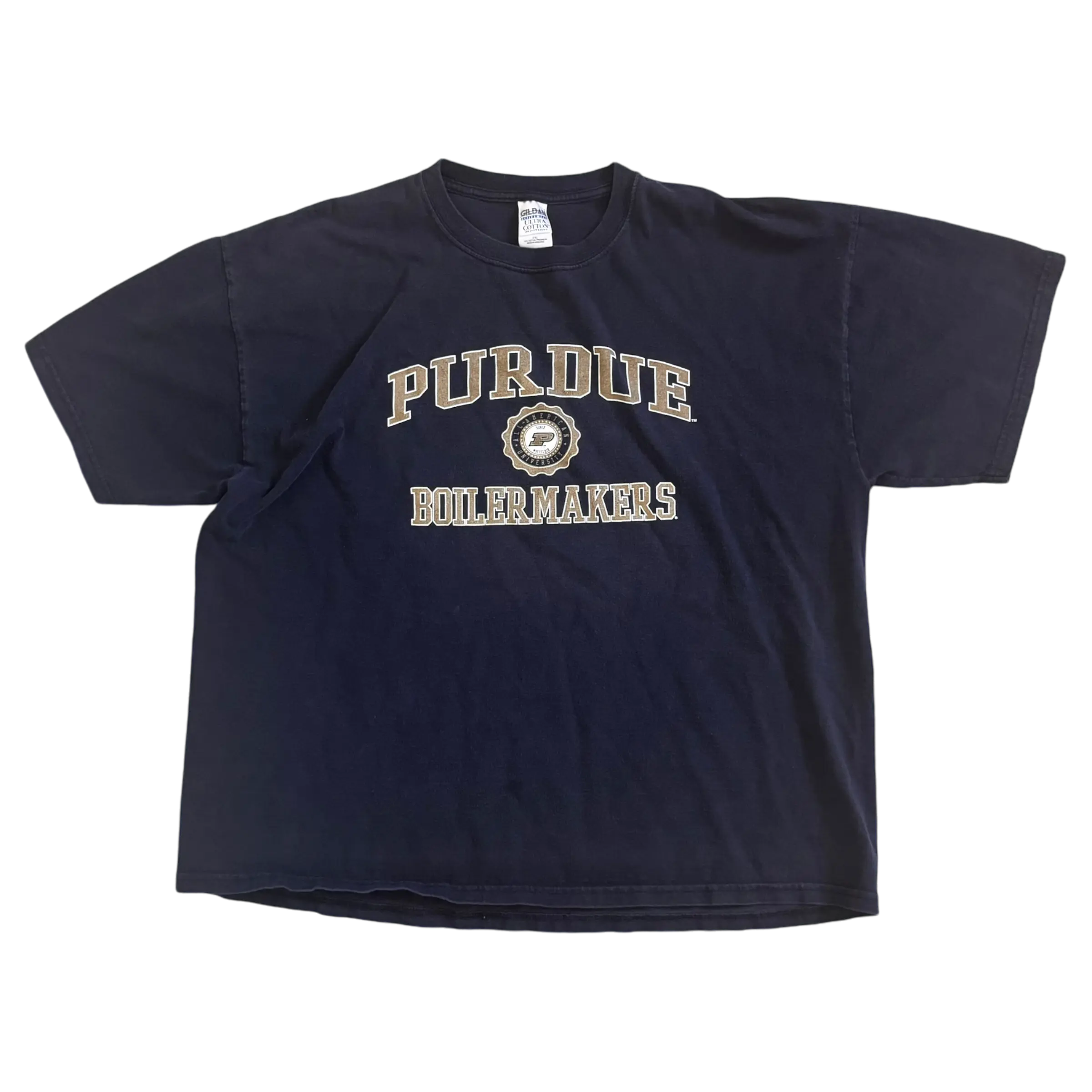 Black Purdue Boilermakers t-shirt with gold and white lettering, size 2XL.