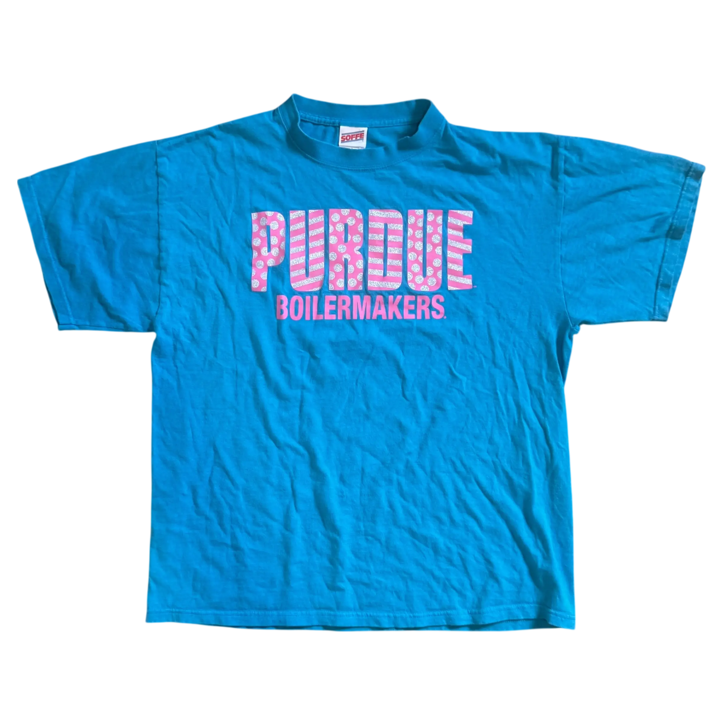 Vintage 90s Purdue Boilermakers turquoise blue t-shirt with oversized pink patterned PURDUE lettering and BOILERMAKERS text below, size large.