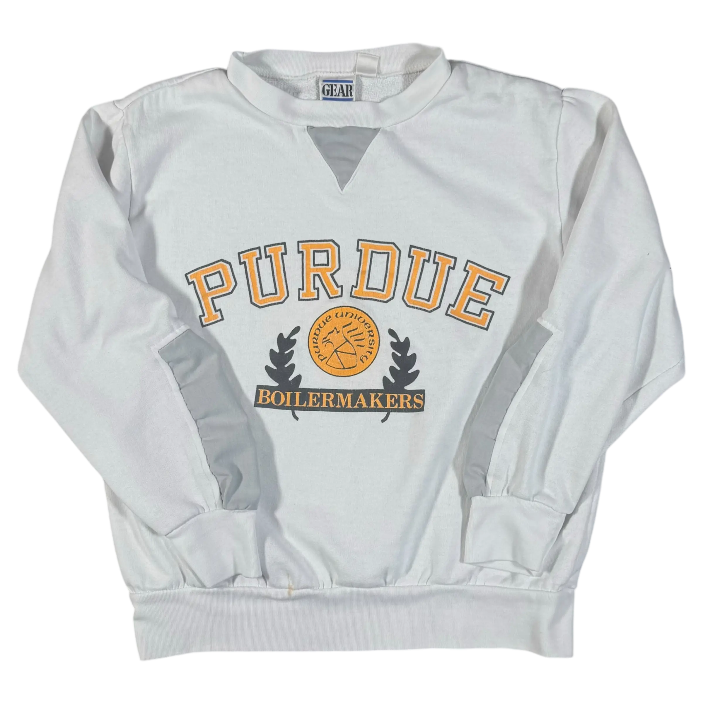 Classic white Purdue Crewneck Sweatshirt featuring bold golden lettering and basketball design, perfect for fans and vintage clothing enthusiasts.