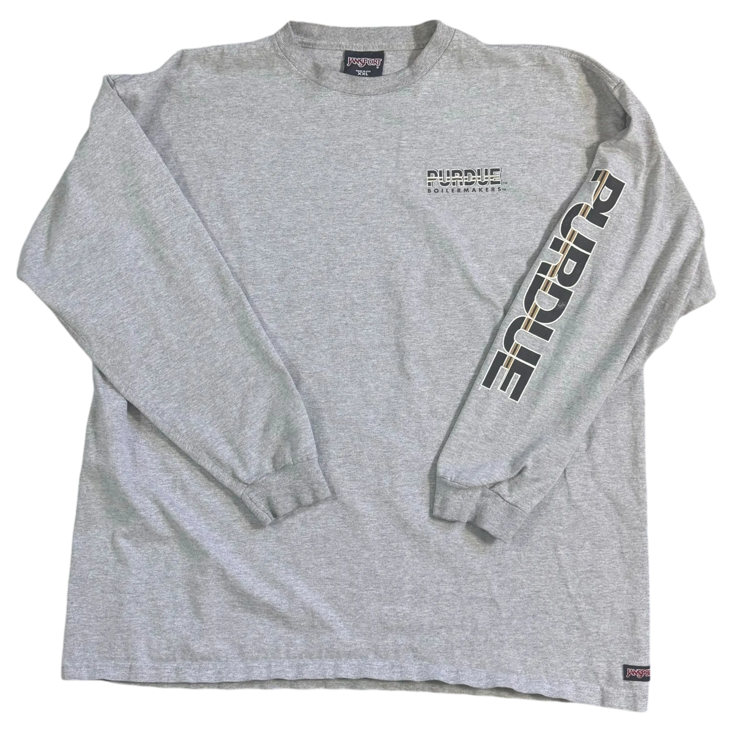 Grey vintage Purdue long sleeve with bold sleeve graphic text, designed by Jansport, ideal for fans and collectors.