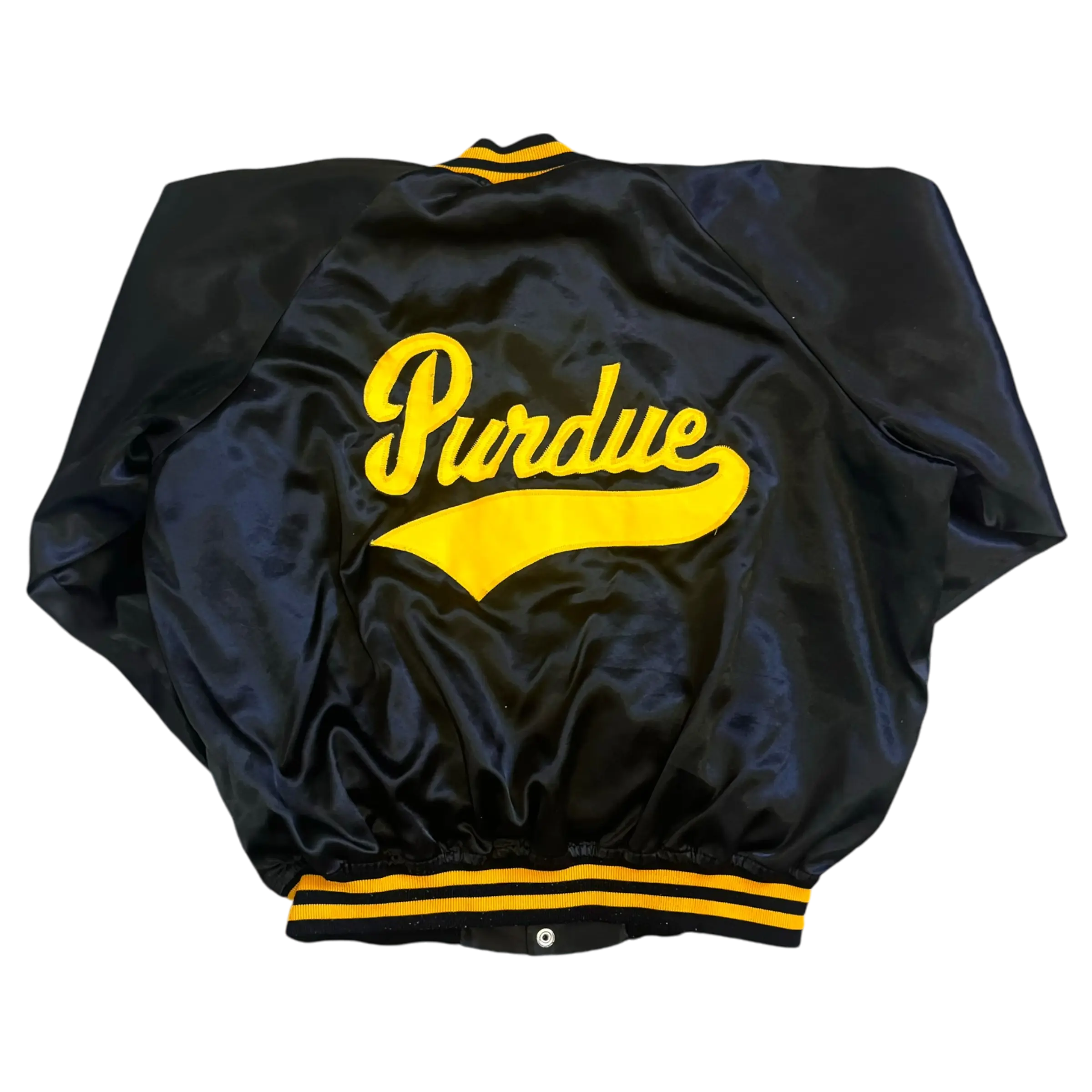 Vintage black Purdue Satin Bomber Jacket with ribbed cuffs and yellow ‘Purdue’ lettering on the back, perfect for layering and showcasing Boilermaker pride.
