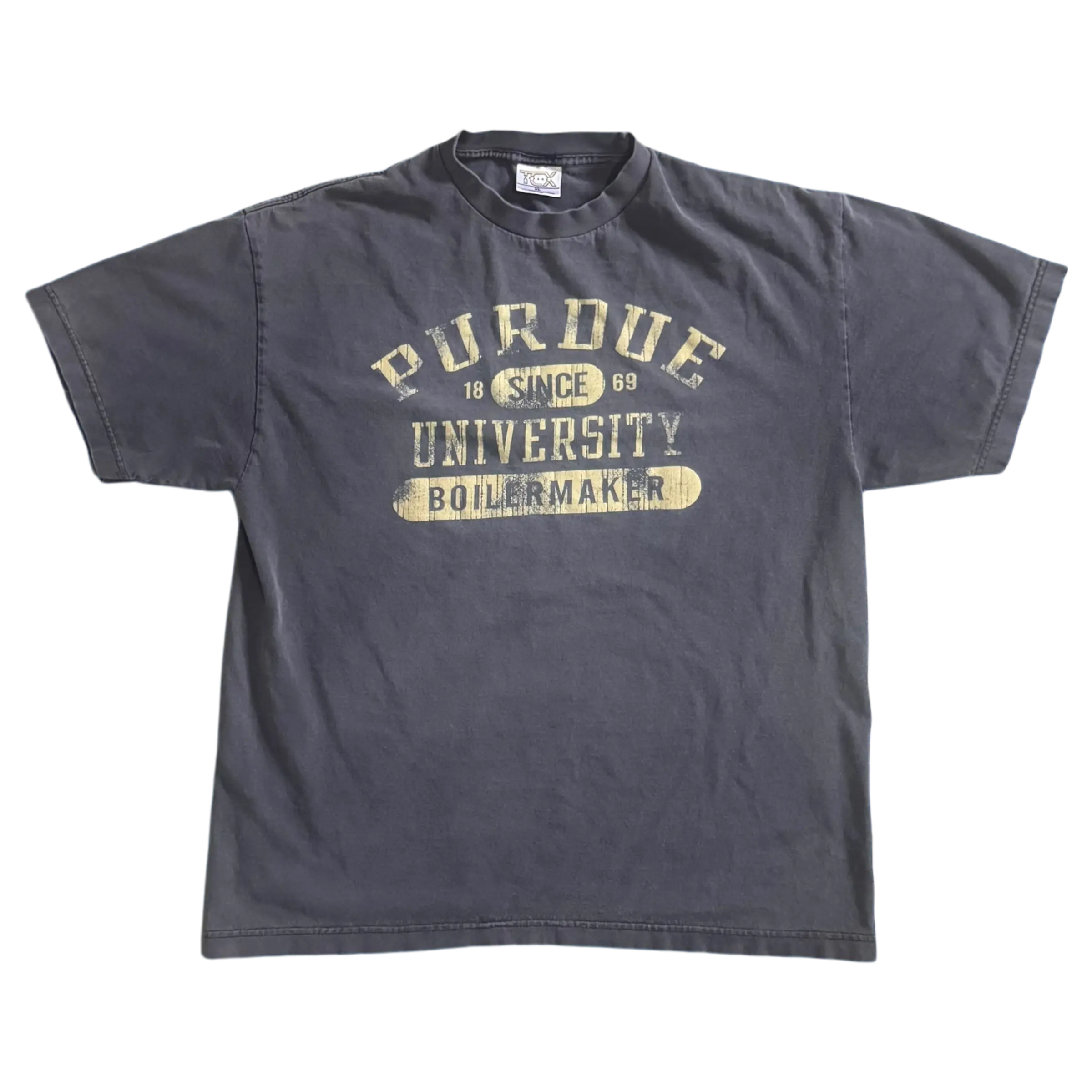 Grey Purdue 1869 tee with bold university lettering and vintage design celebrating Purdue’s history.