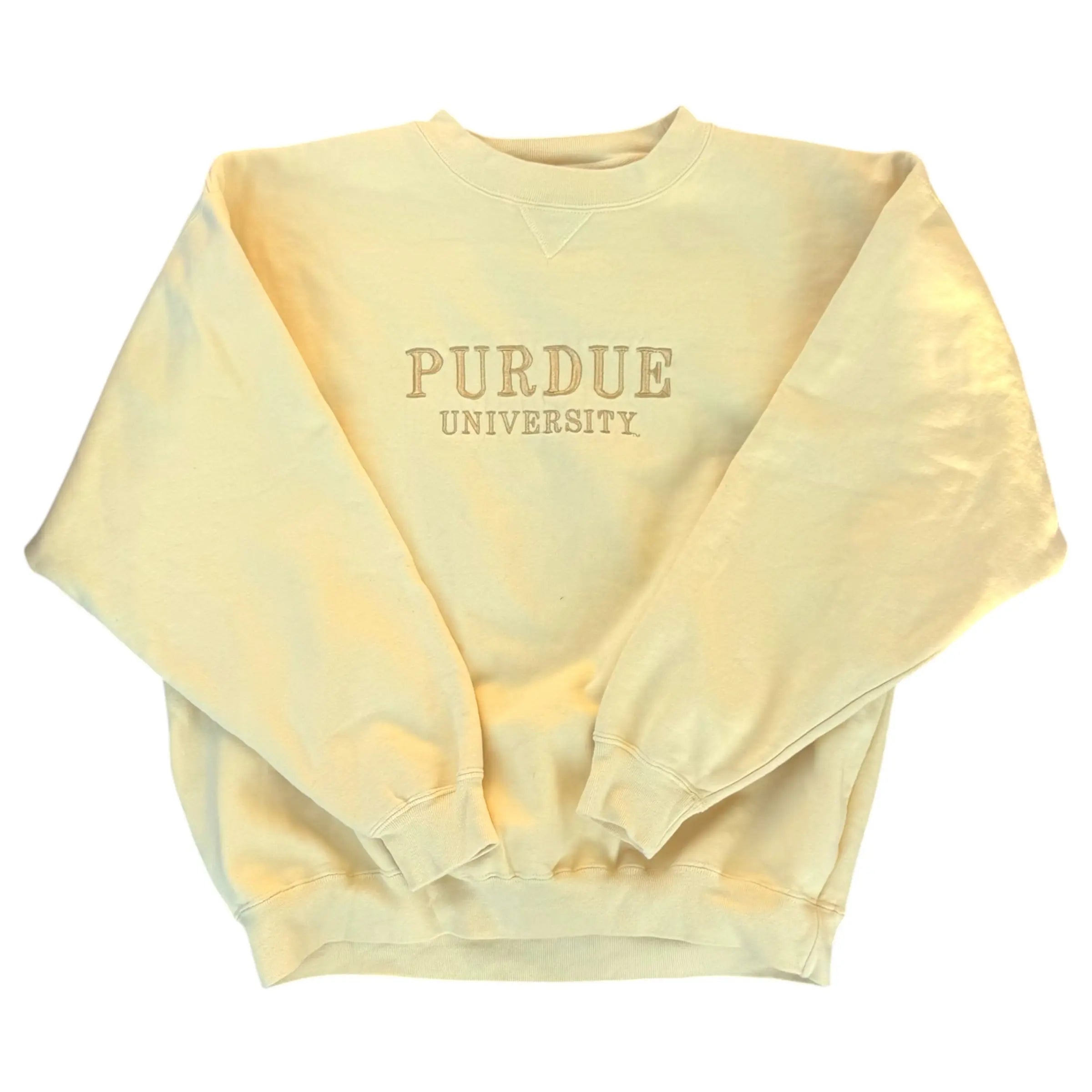 Vintage Purdue University sweatshirt by Gear, size XL, faded yellow with embroidered Purdue University lettering on chest.