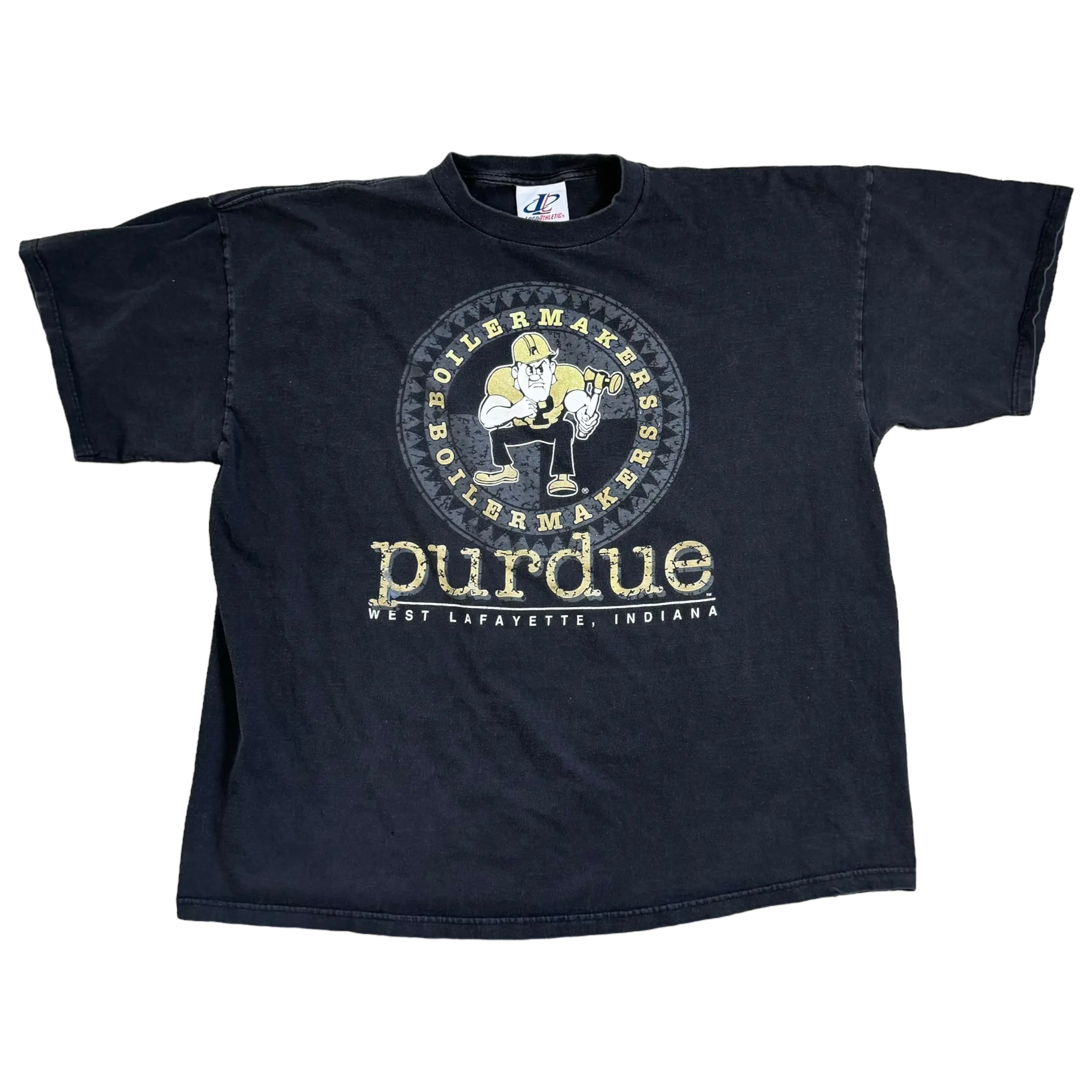 Vintage Purdue West Lafayette short-sleeve tee in black, featuring a central graphic with Purdue’s emblem. Lightweight and perfect for casual occasions.