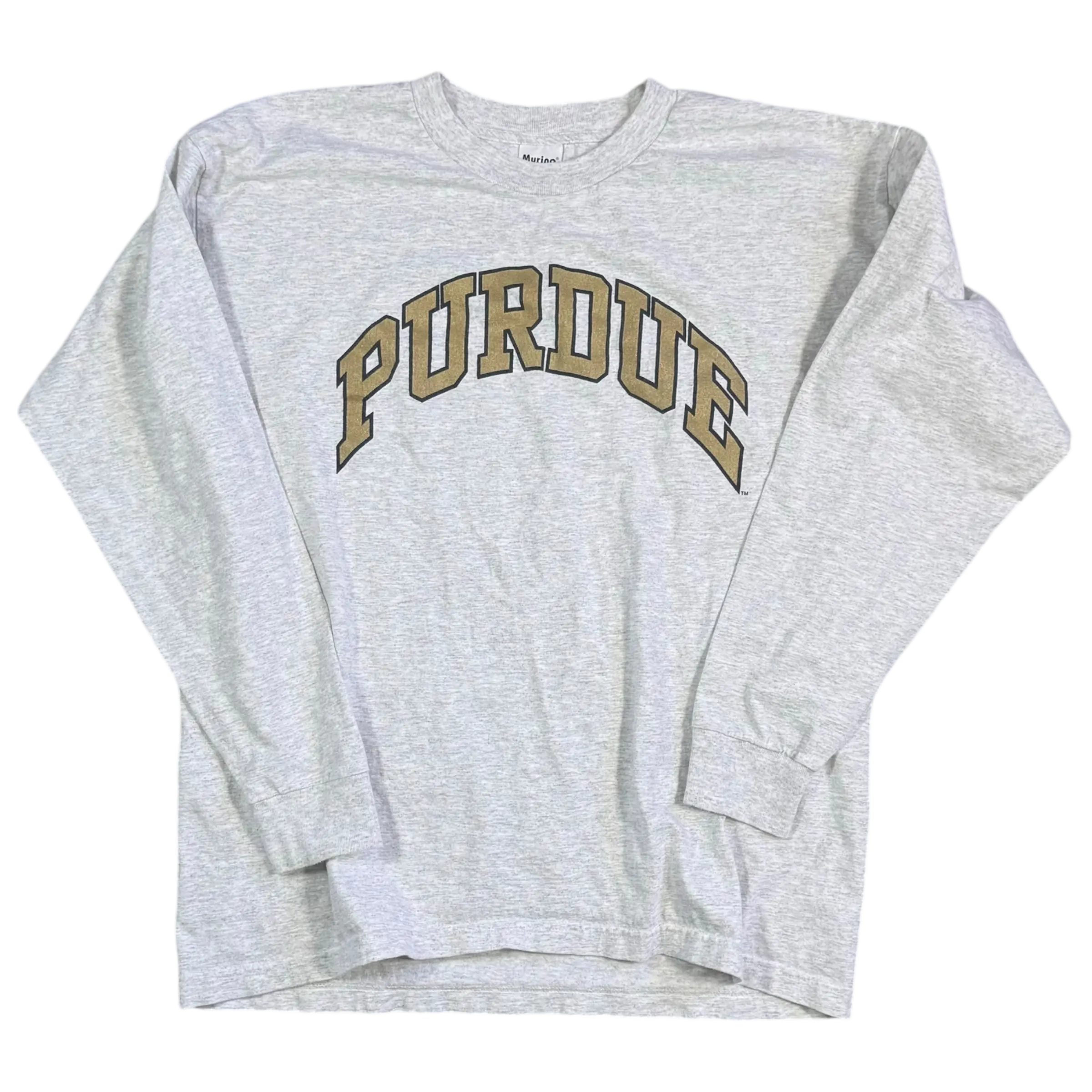 Grey Purdue long sleeve shirt with arched lettering in size XL, perfect for fans and alumni.