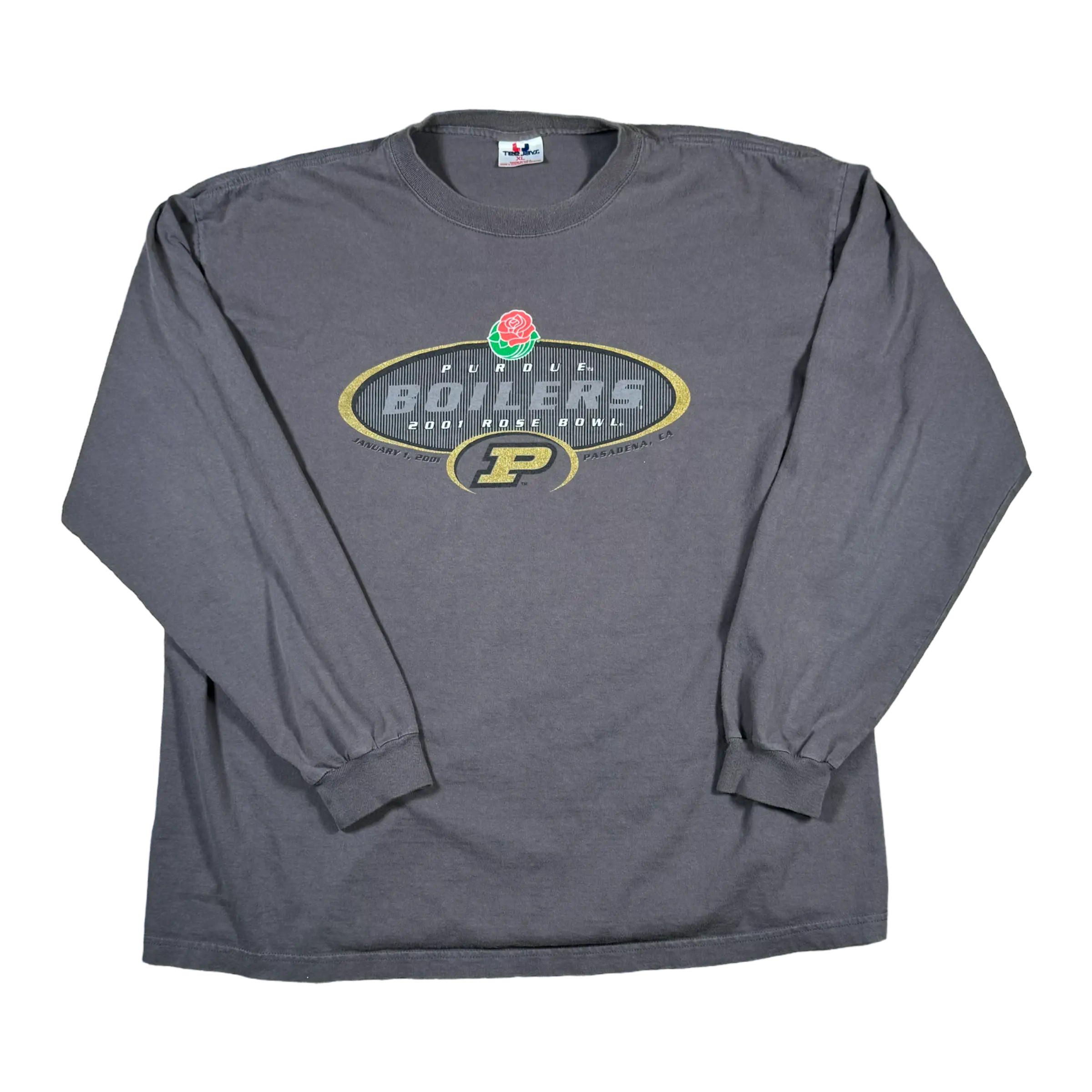 Vintage Purdue Rose Bowl long sleeve tee in grey, size 2XL, featuring bold 2000 Rose Bowl design for fans of Purdue Boilermakers.