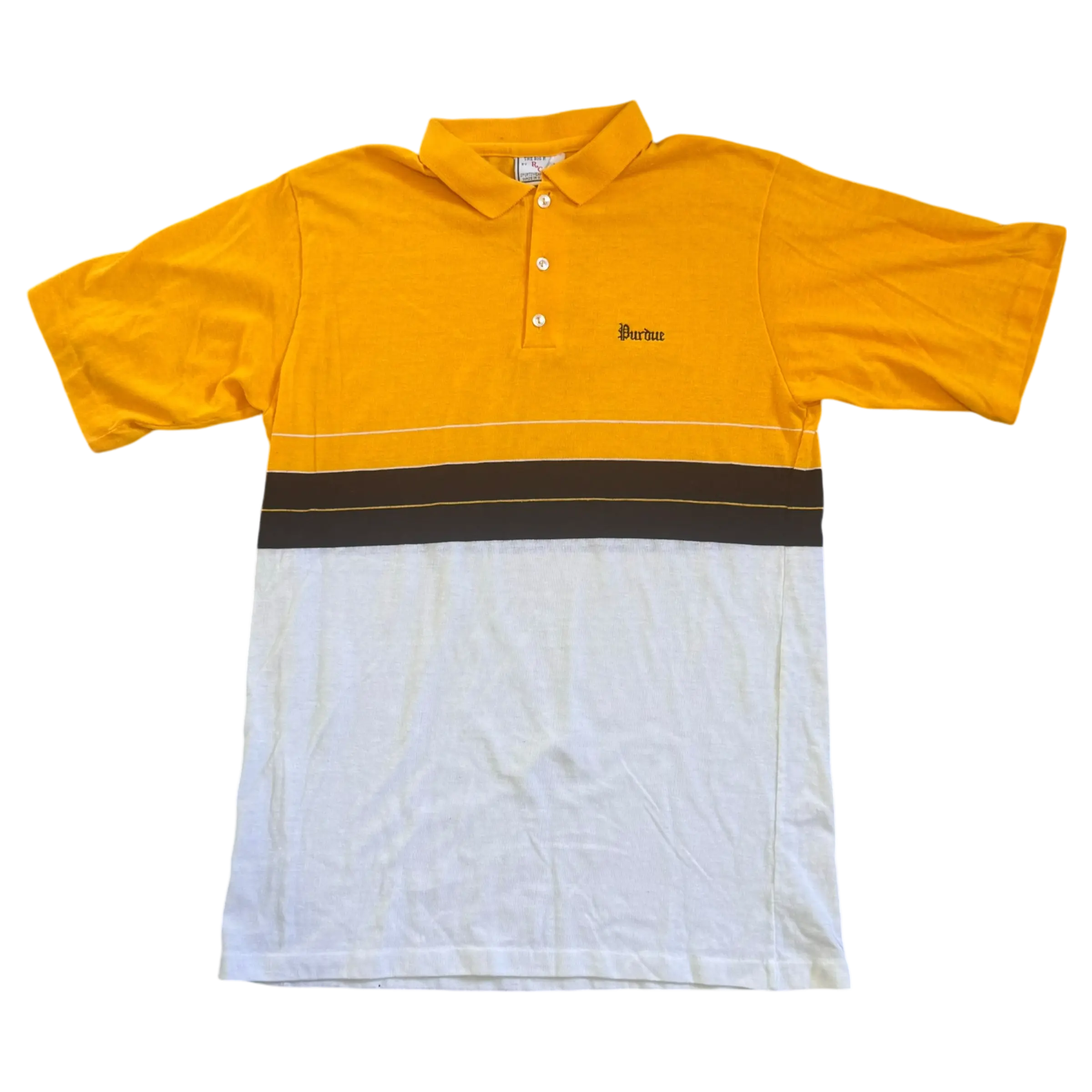 Vintage Purdue gold and white striped polo shirt, size Large, featuring bold stripes and a collared design for a classic Boilermaker look.