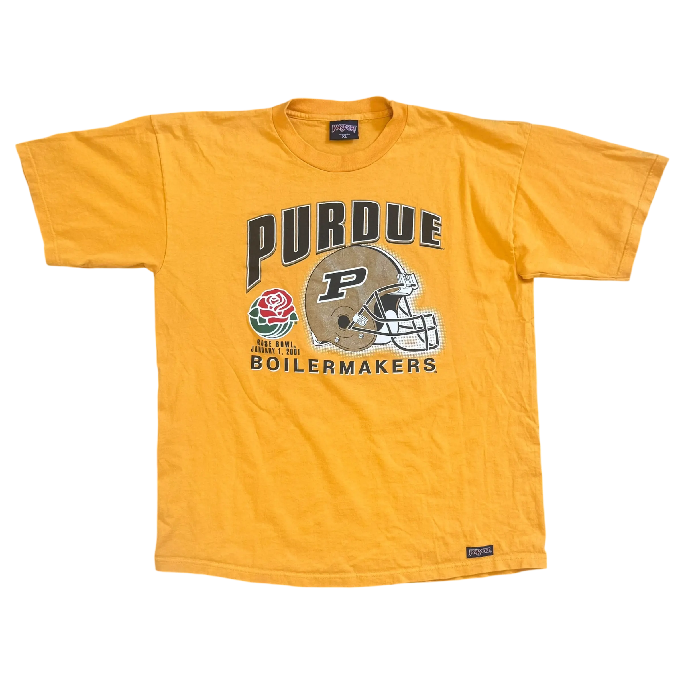 Gold XL JanSport Purdue Boilermakers T-shirt with Rose Bowl 2001 logo, Purdue helmet graphic, and bold spellout text.