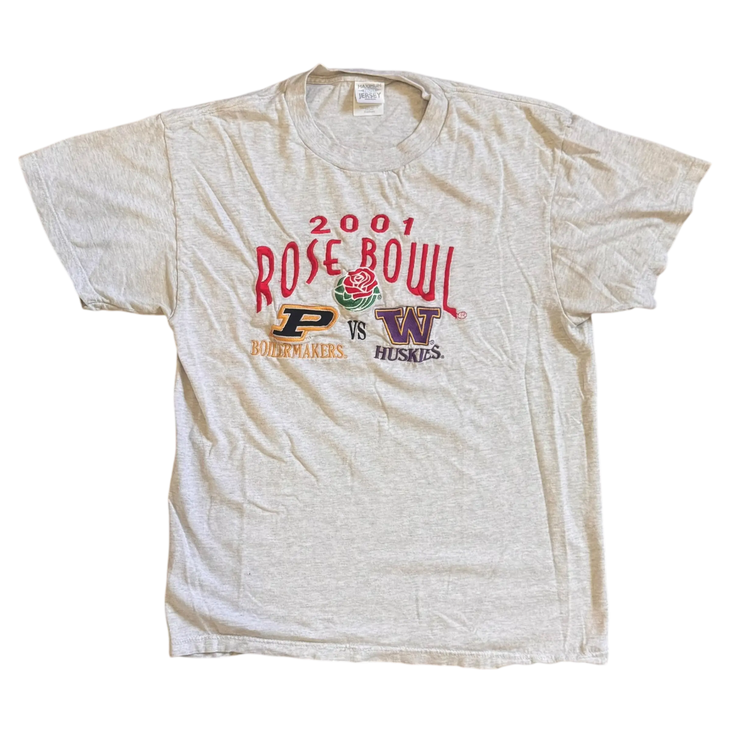 Vintage gray 2001 Rose Bowl T-shirt featuring Purdue Boilermakers vs Washington Huskies graphics, size medium.