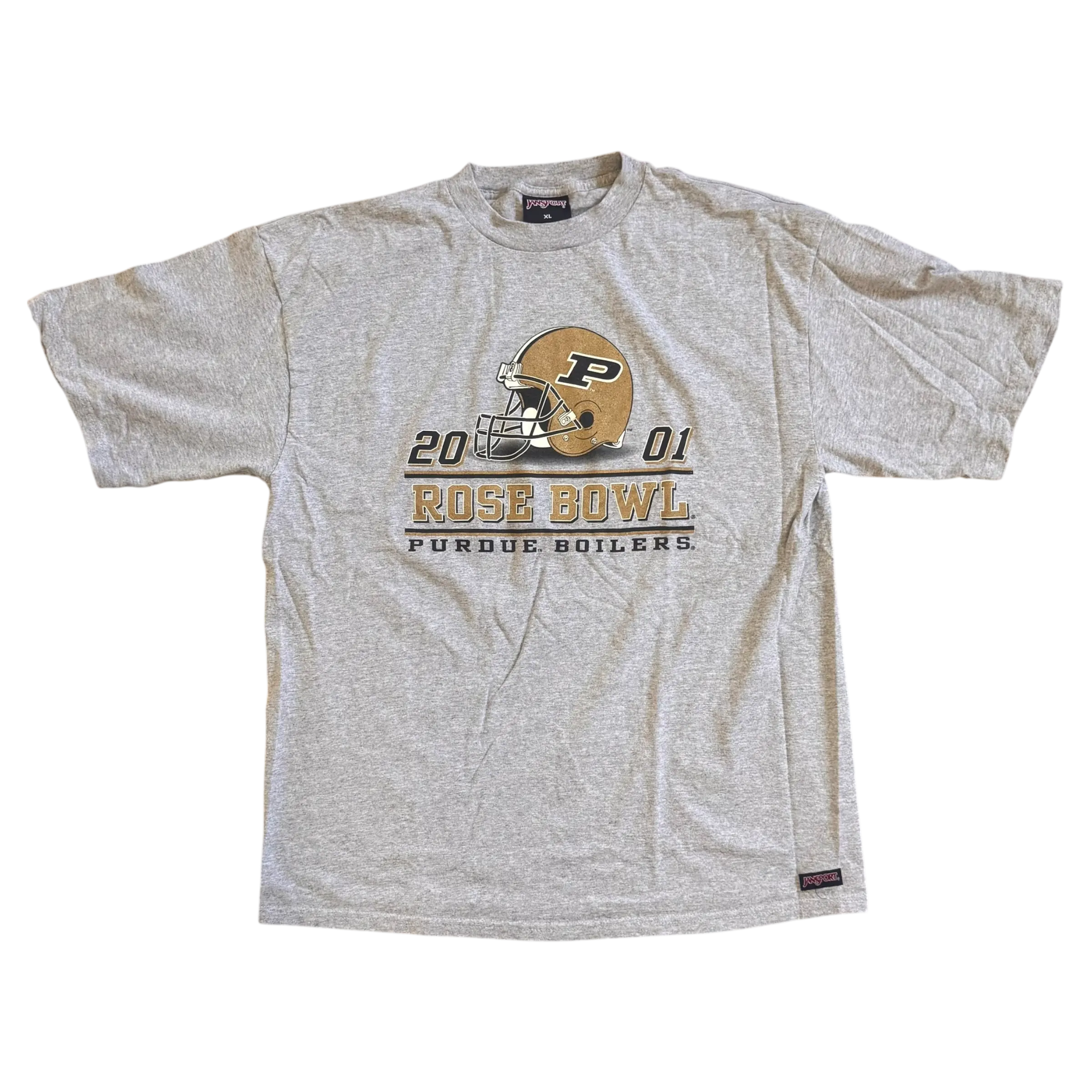 Vintage gray 2001 Rose Bowl Purdue Boilermakers T-shirt with gold helmet graphic, size XL.