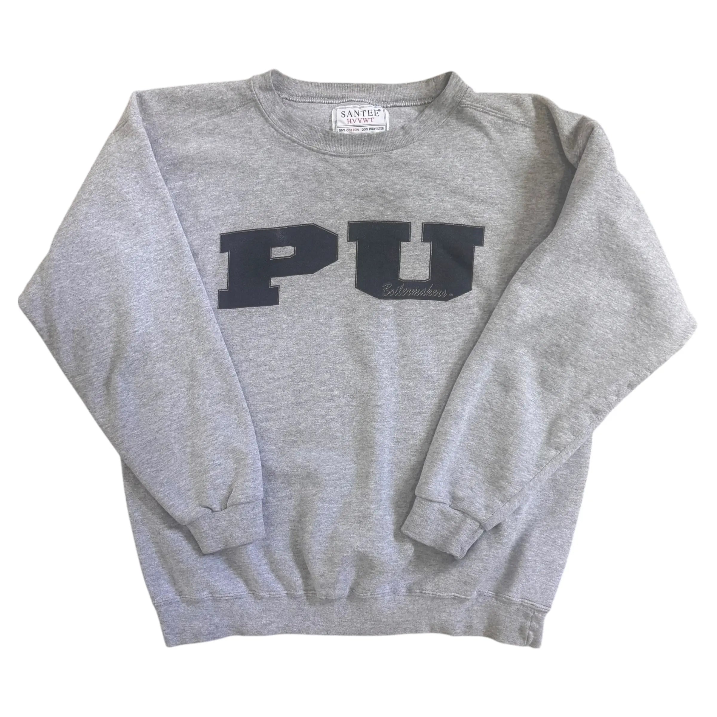 Gray vintage Purdue University sweatshirt by Santee Heavyweight with bold PU block letters and Boilermakers text on chest.
