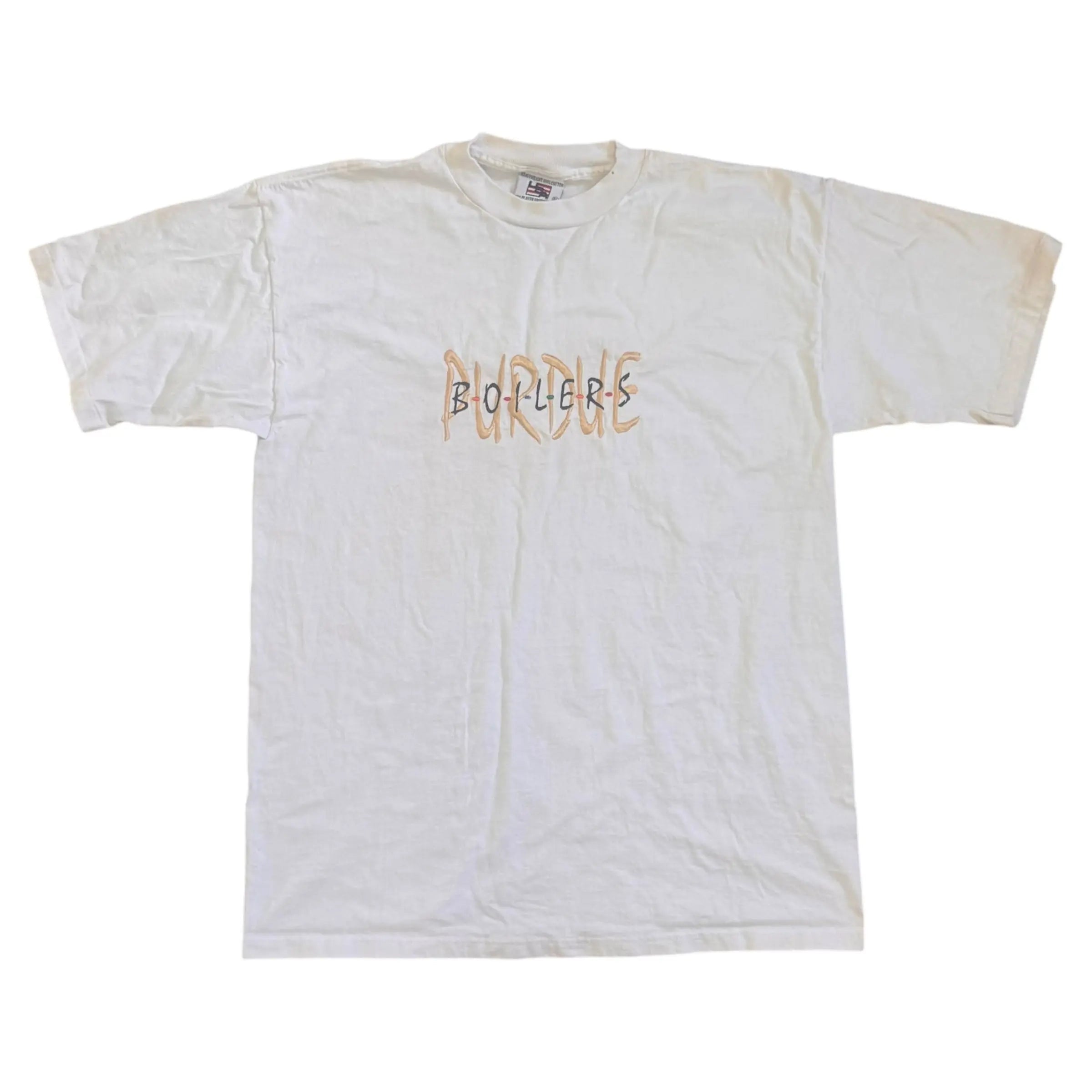 White vintage Purdue Boilermakers T-shirt with abstract Purdue Boilers graphic lettering across chest.