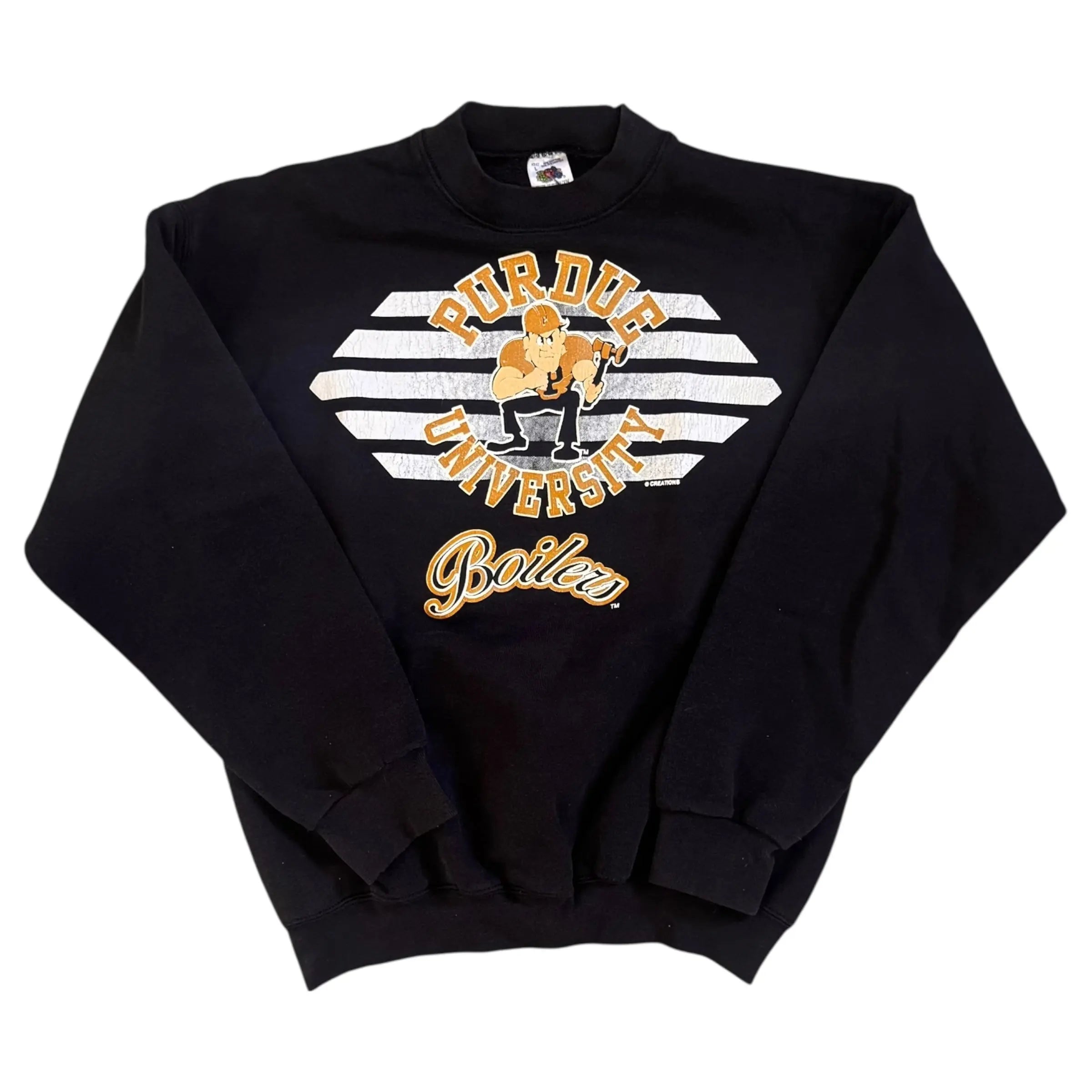 Vintage Purdue University sweatshirt by Fruit of the Loom, size small, black with bold Purdue Pete graphic and striped background design.