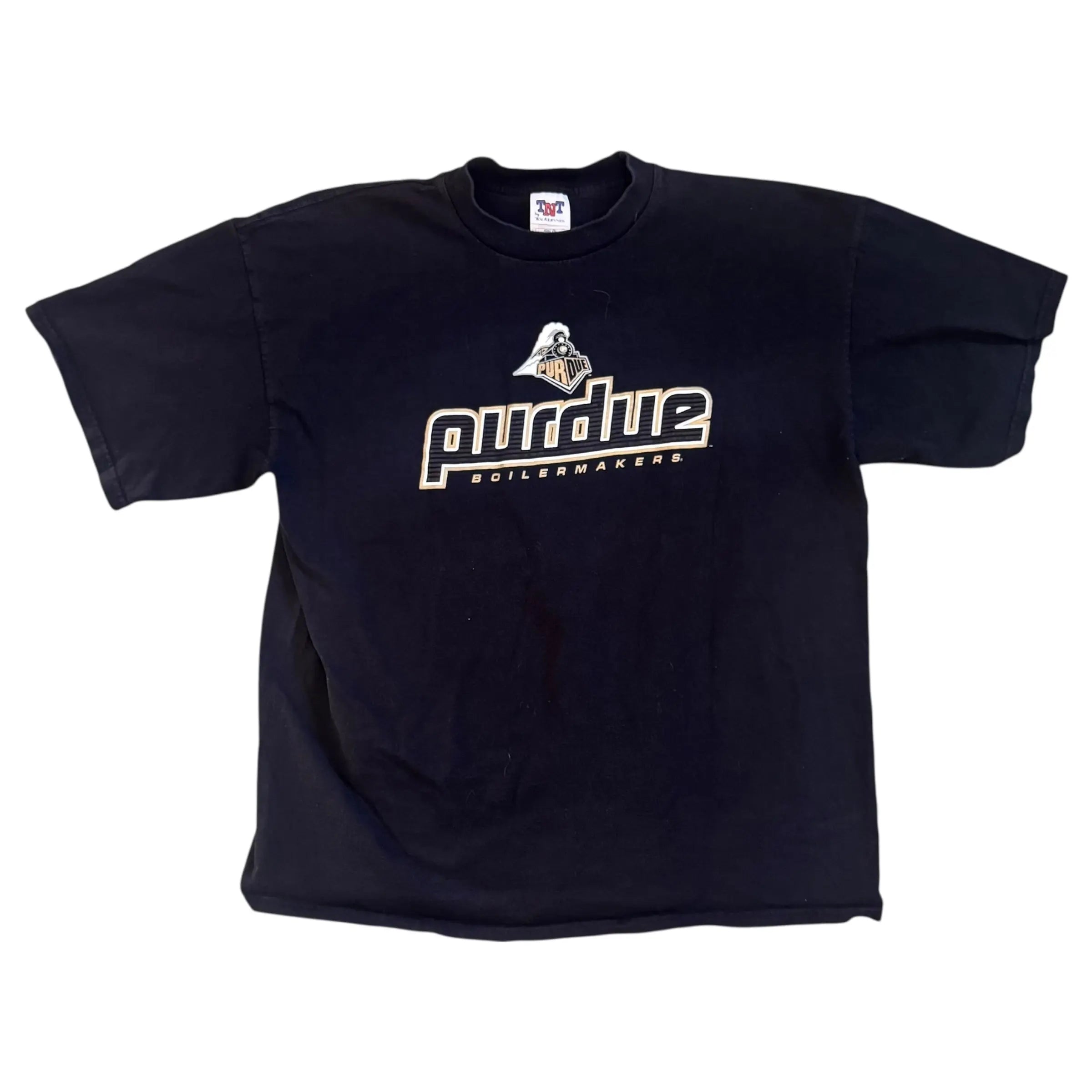 Vintage Purdue Boilermakers T-shirt by TNT, size 2XL, black with Purdue train logo and bold gold lettering across the chest.