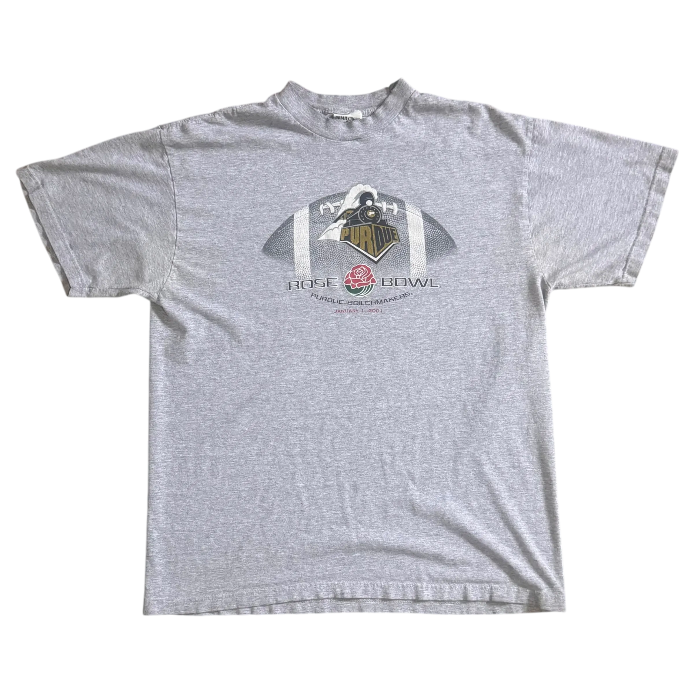 Grey Purdue Rose Bowl tee featuring an embroidered graphic celebrating Purdue’s football history.