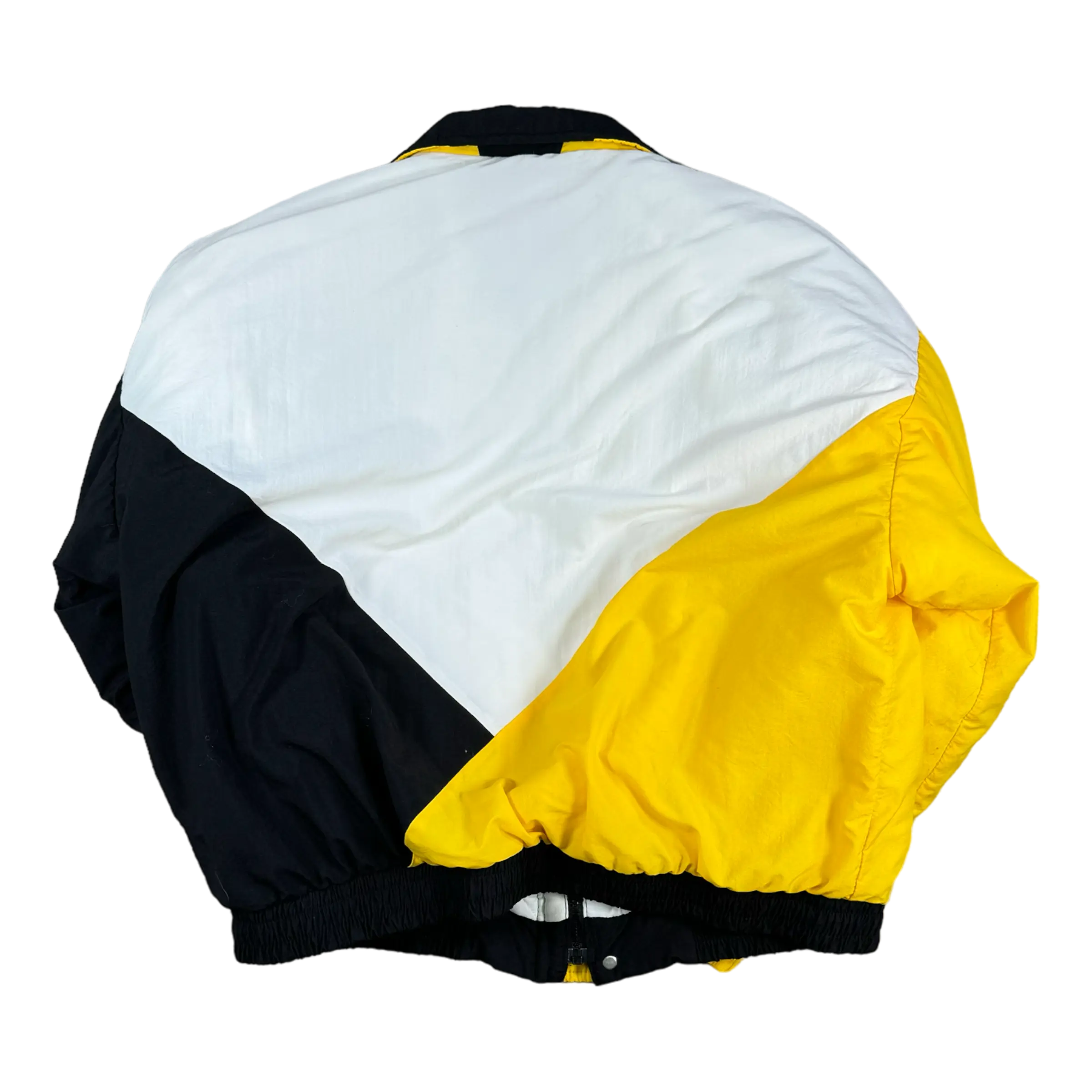 Swingster Tri-Color Coat featuring a bold design in black, white, and gold with Purdue logo on the chest. Lightweight and perfect for Purdue fans.