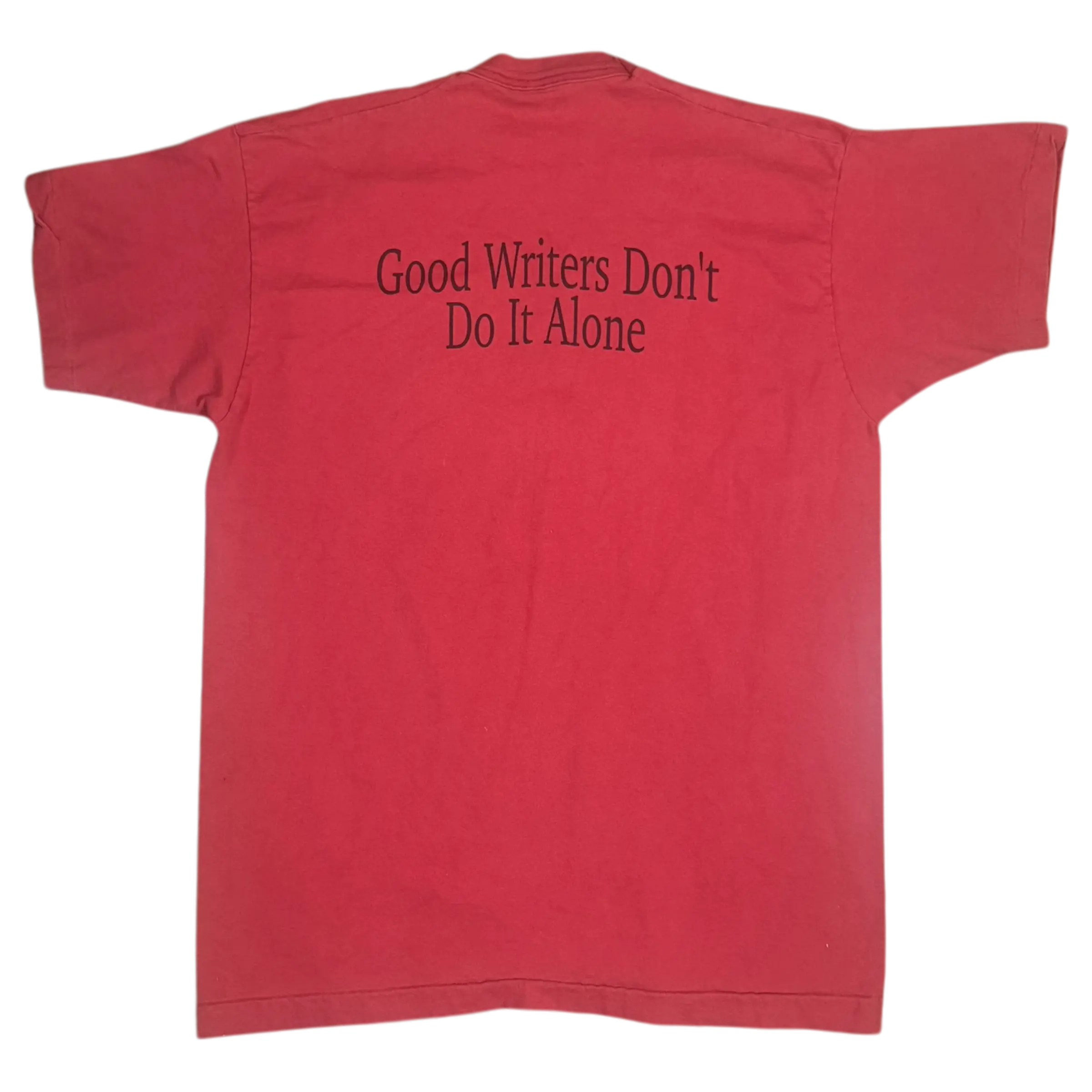 Red Purdue Writing Lab tee with ‘Good Writers Don’t Do It Alone’ printed on the back, size 2XL.