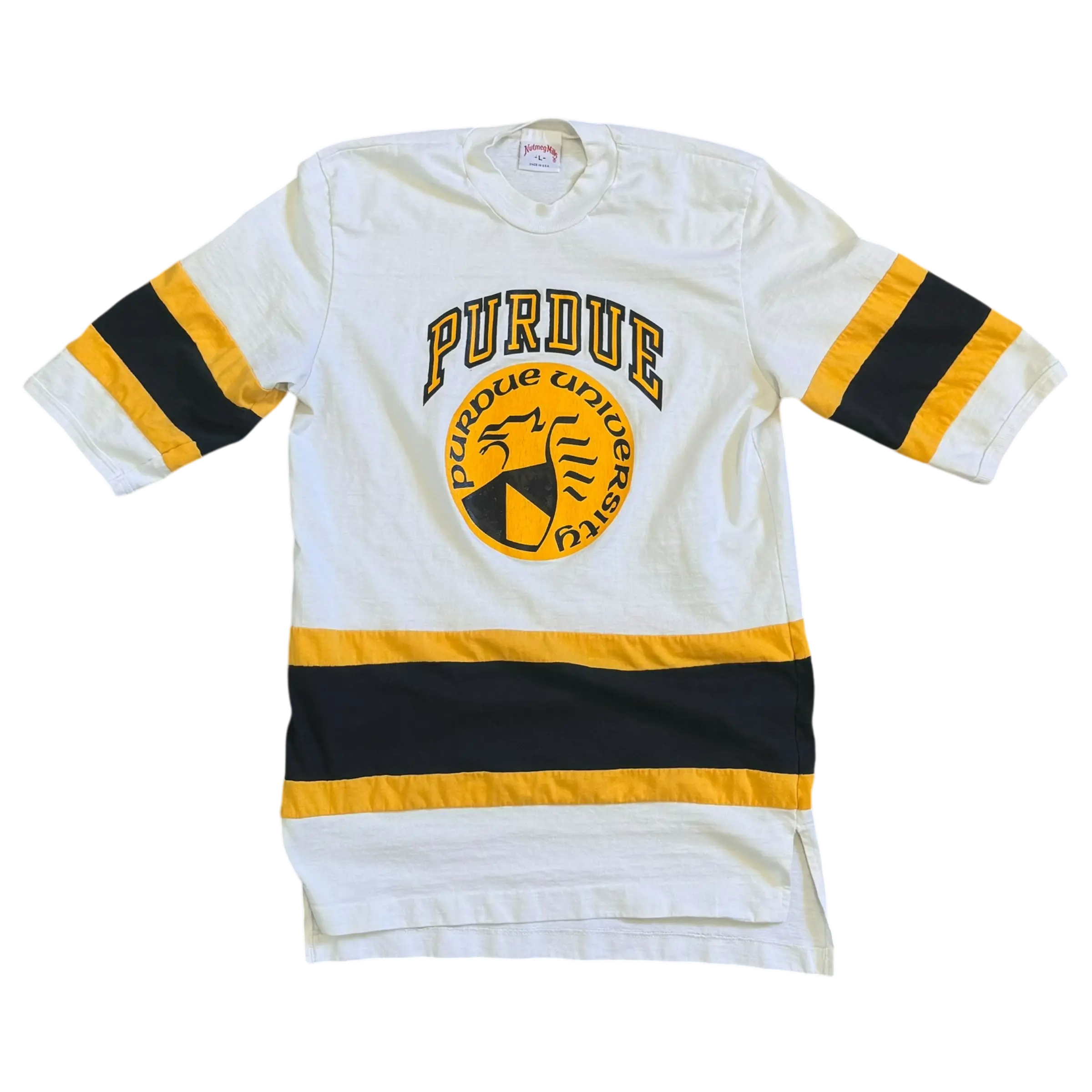 Front and back view of the Nutmeg Tri Color Tee with Purdue graphics in white, yellow, and black.