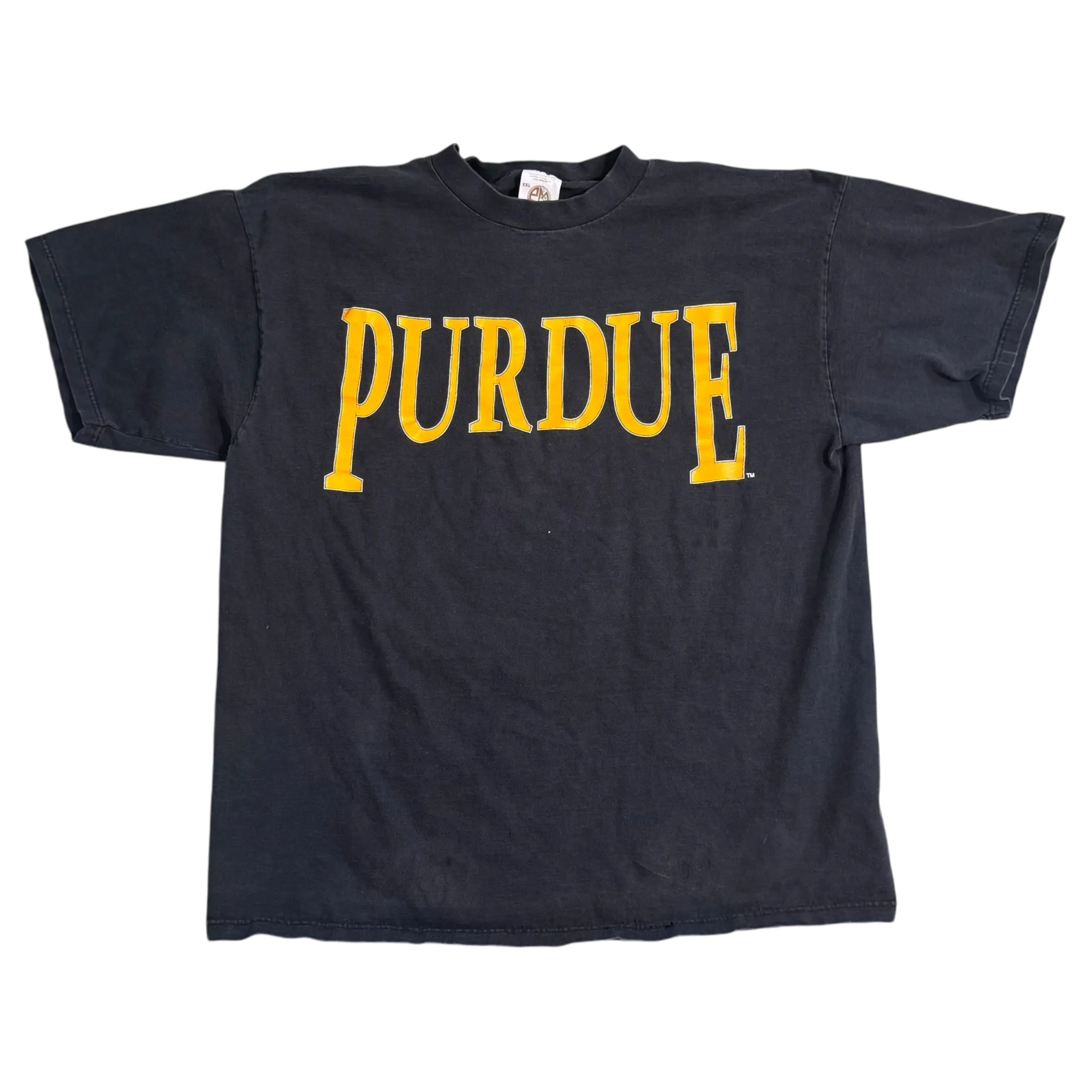 A black short-sleeve Purdue tee with bold gold lettering that says ‘Purdue,’ ideal for showcasing school spirit.