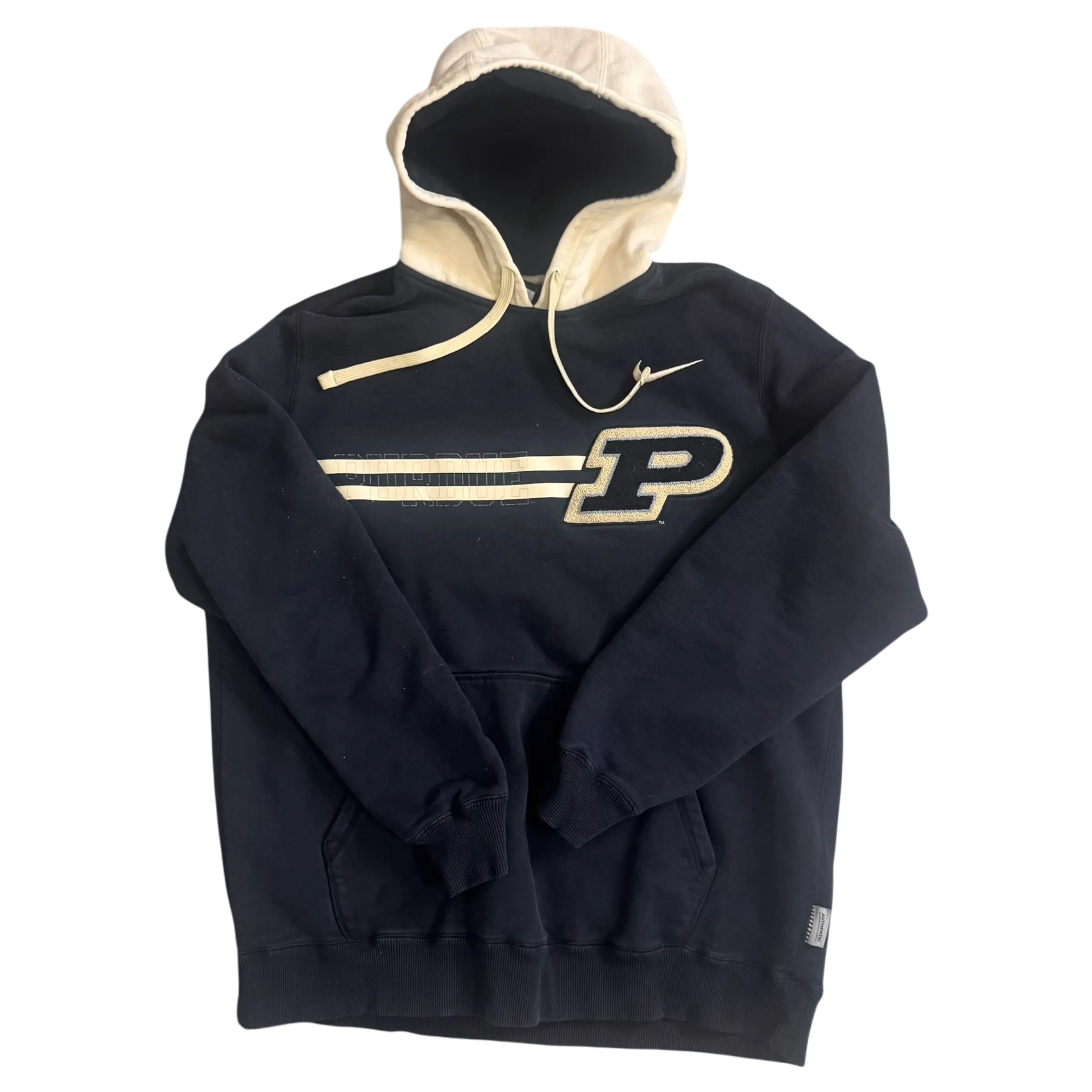 Modern Nike Purdue Hoodie in black with contrasting beige hood, embroidered ‘P’ logo, and sleek design, size M.
