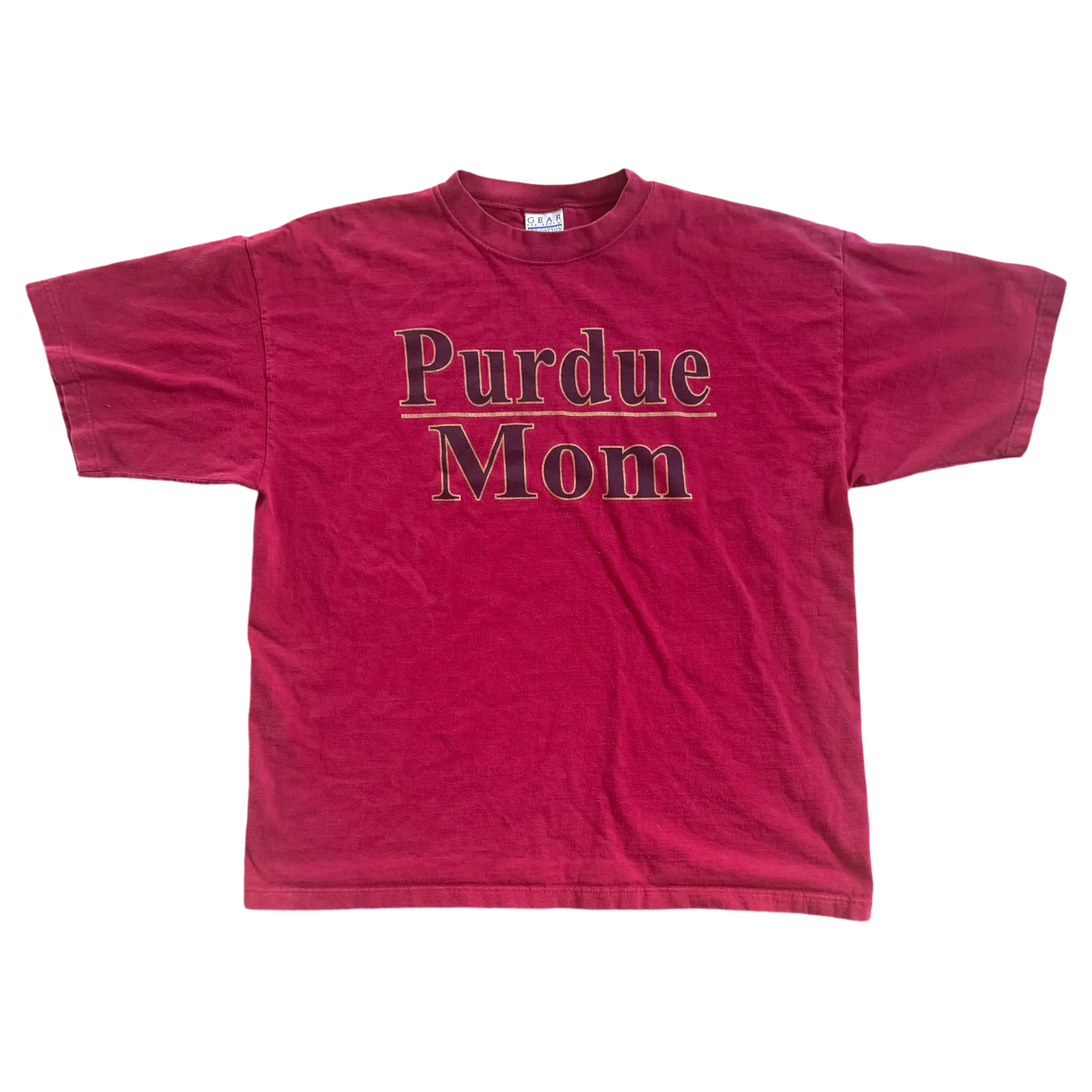 Vintage red Purdue Mom tee in size 2XL with bold black text across the front, perfect for Boilermaker families and supporters.