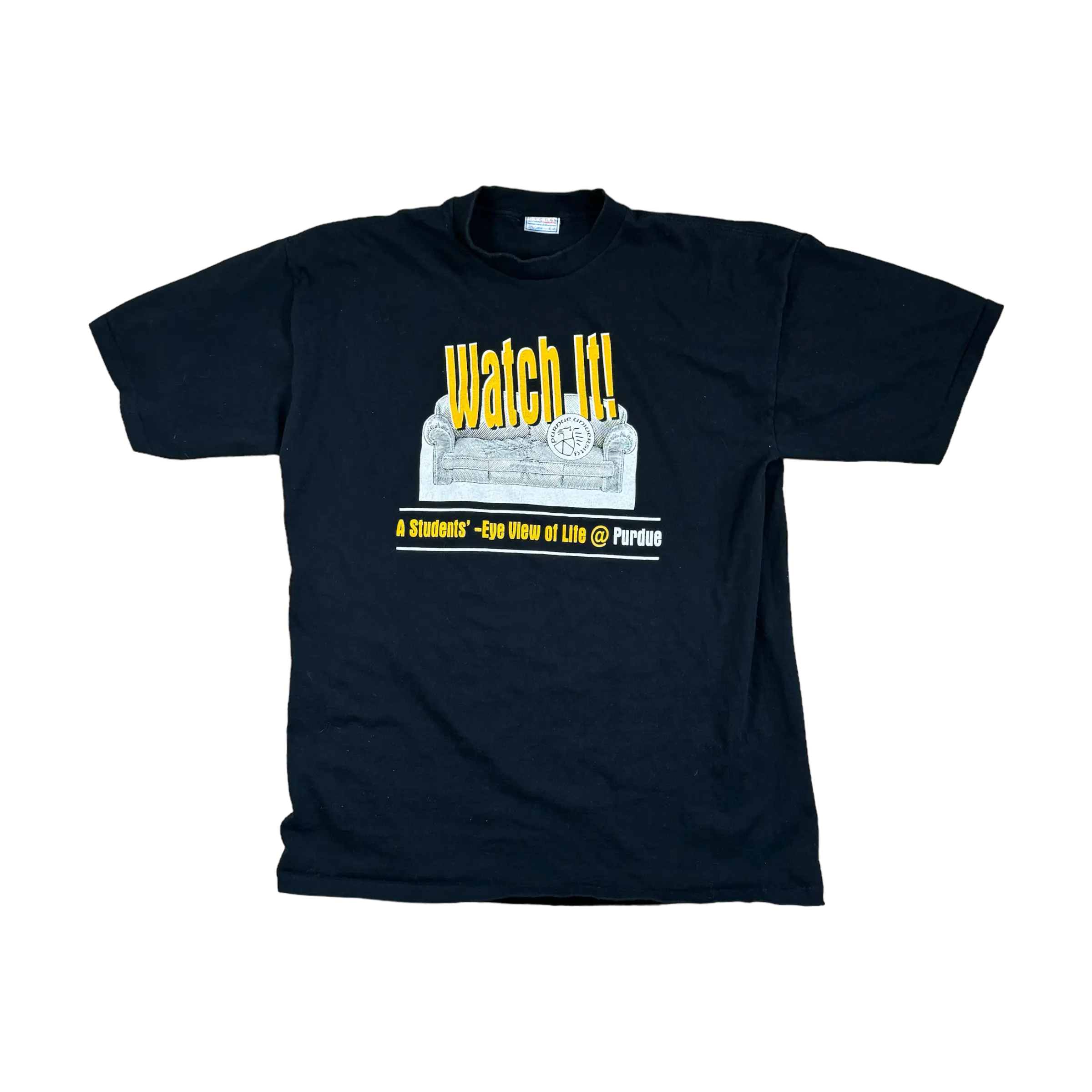 Black Purdue “Watch It” Tee with bold yellow text and back logo design.