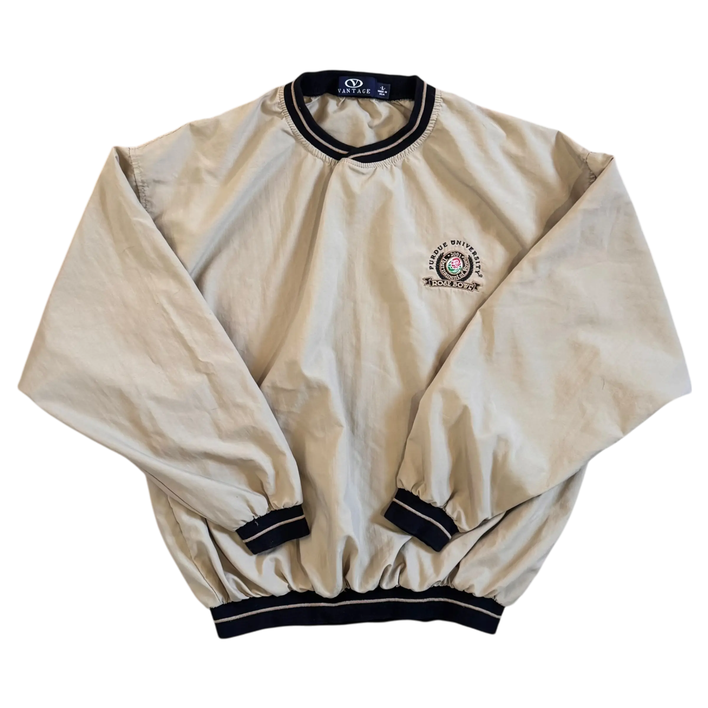 Beige Purdue Rose Bowl pullover, size M, featuring the official Rose Bowl logo and retro details, perfect for Boilermaker fans.