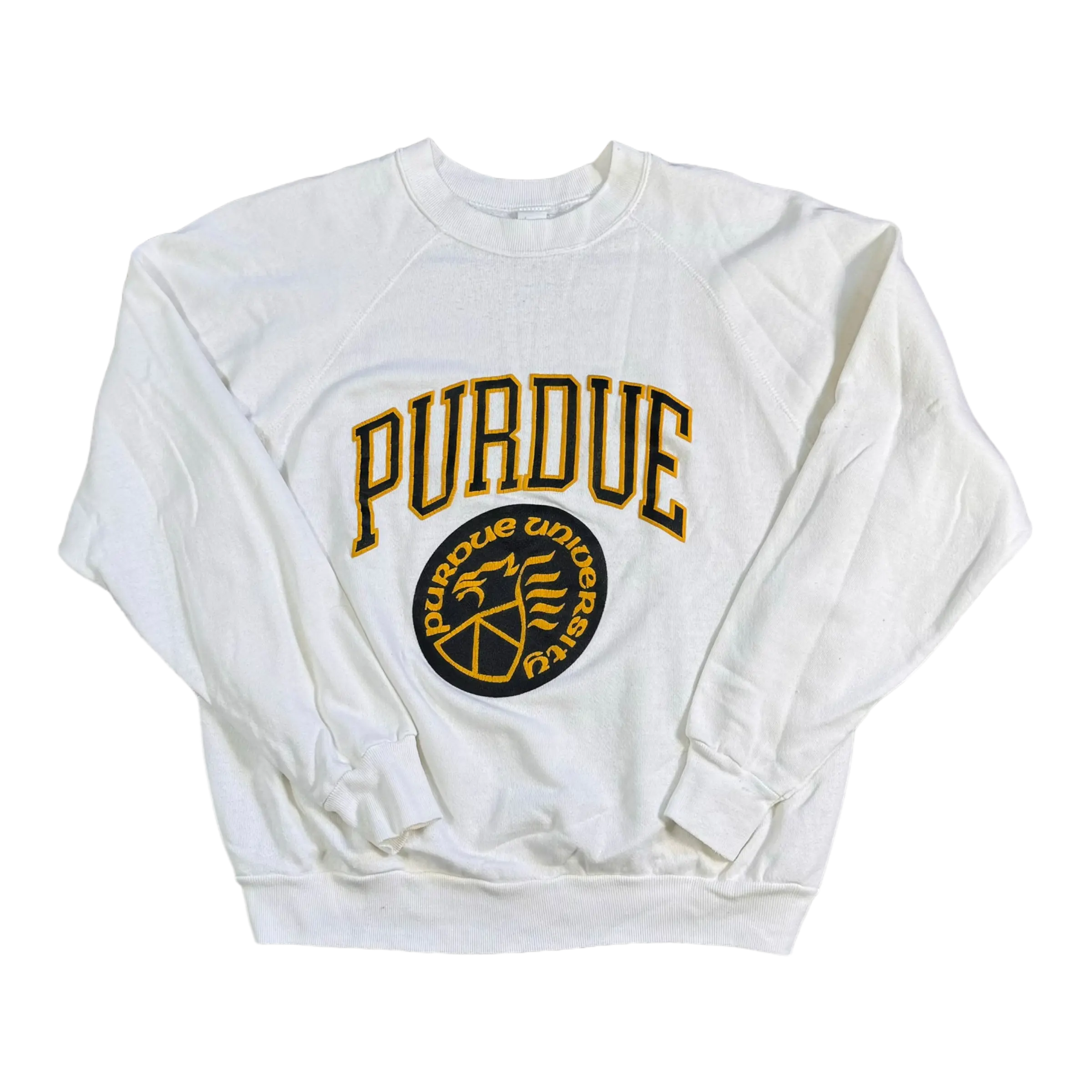 Vintage Purdue Crew sweatshirt, size M, with lightweight white fabric and classic black and gold Purdue graphics.