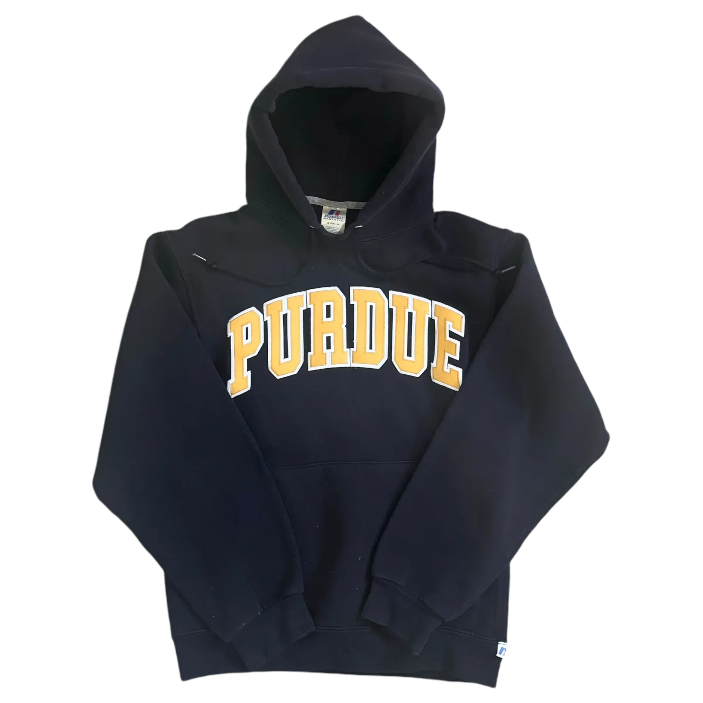 Vintage Purdue hoodie in black with yellow arched lettering, small size, perfect for casual wear and Boilermaker fans.