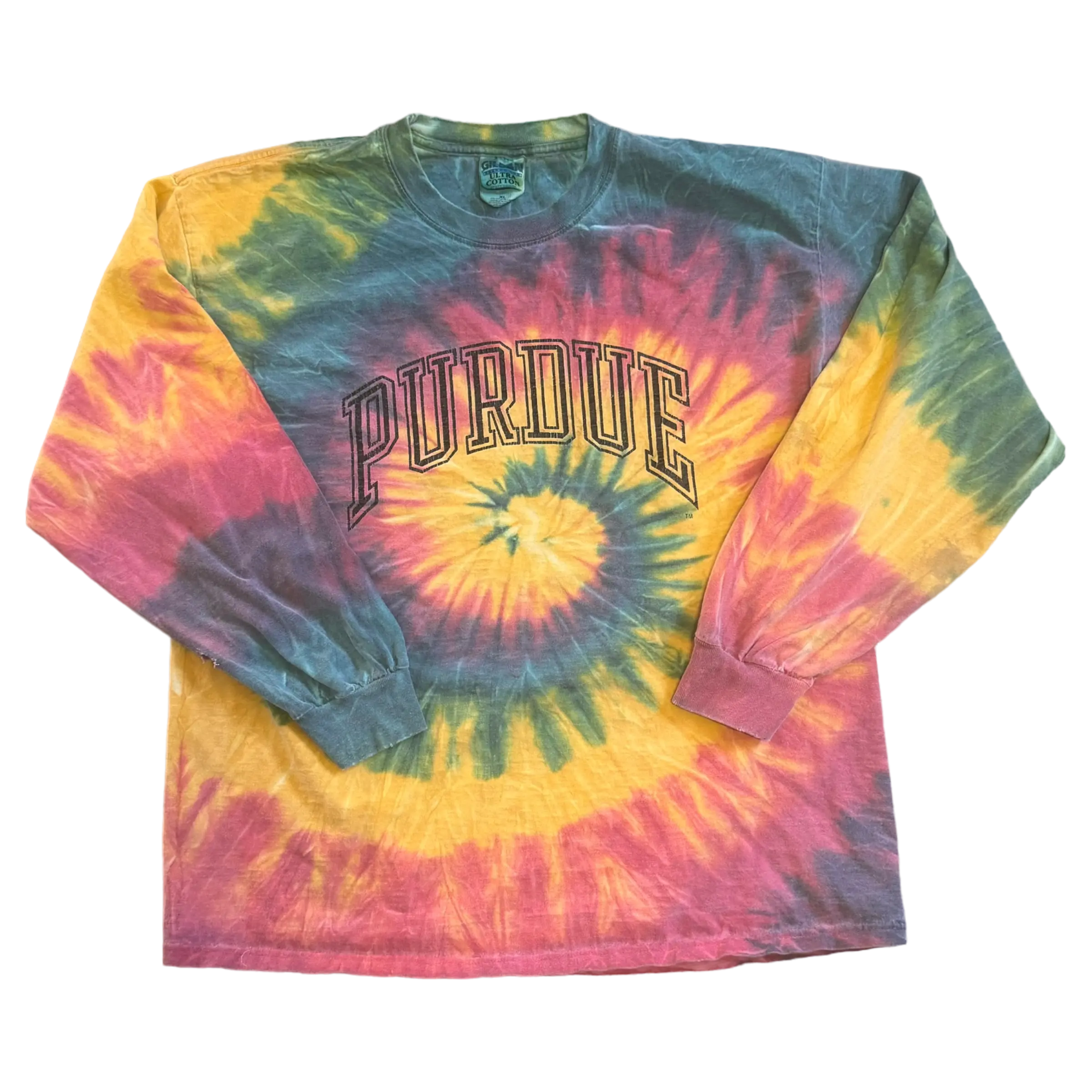 Colorful Purdue tie-dye long sleeve featuring a vibrant spiral design with bold ‘Purdue’ lettering across the chest. Made by Gildan in an XL size.