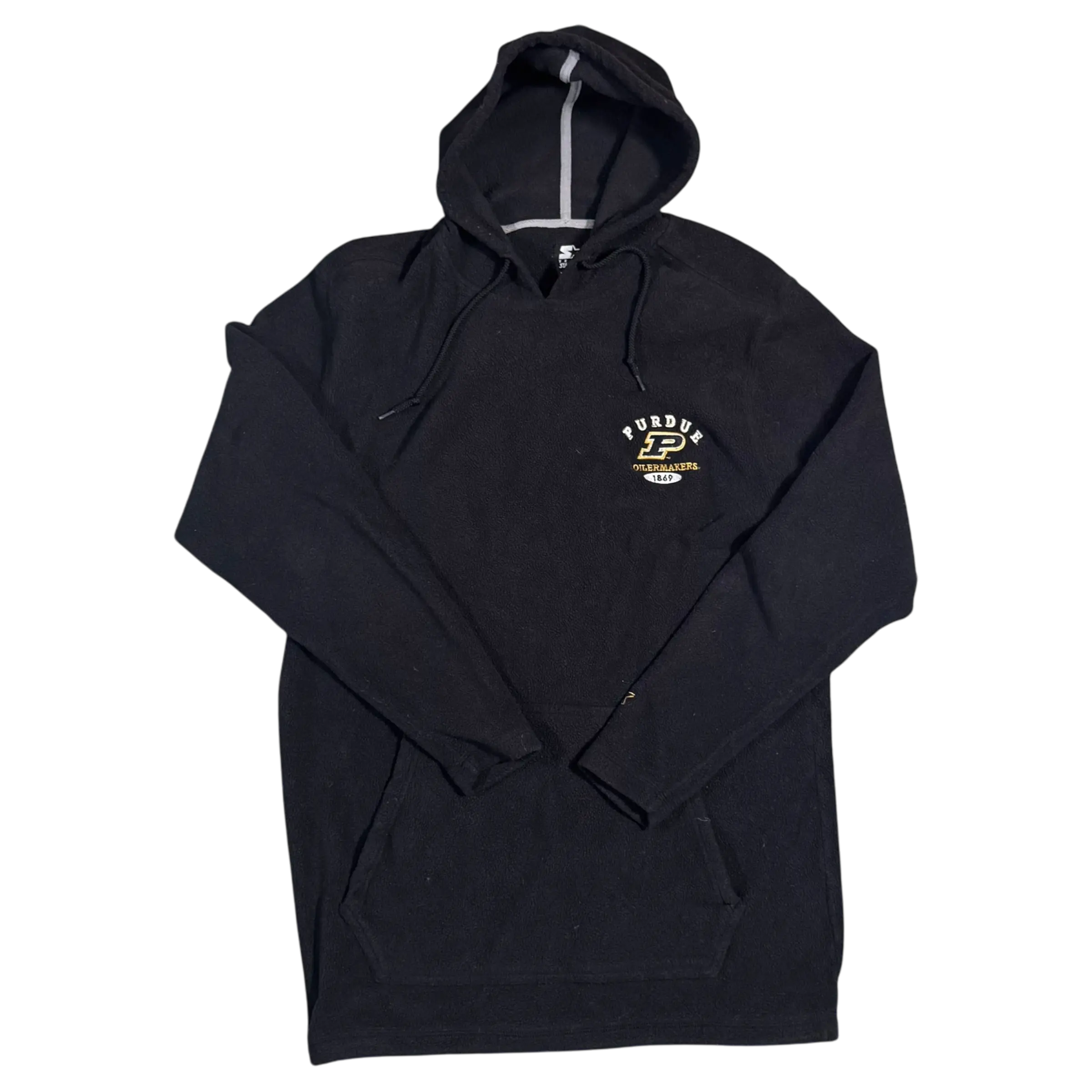 Starter fleece pullover featuring a sleek black design with an embroidered Purdue logo, perfect for warmth and style during cool weather.