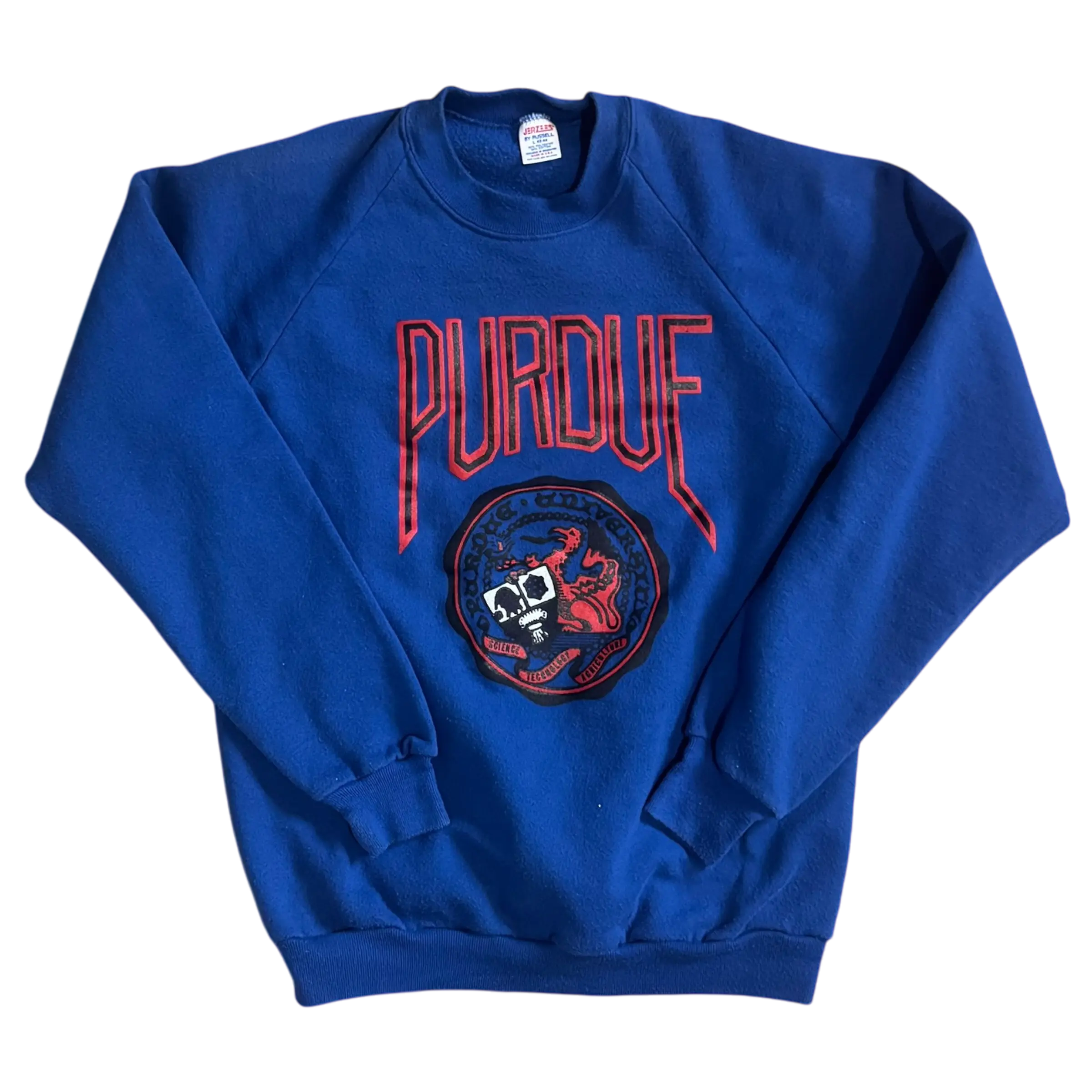 Vintage Purdue sweatshirt with embroidered Purdue logo in blue.