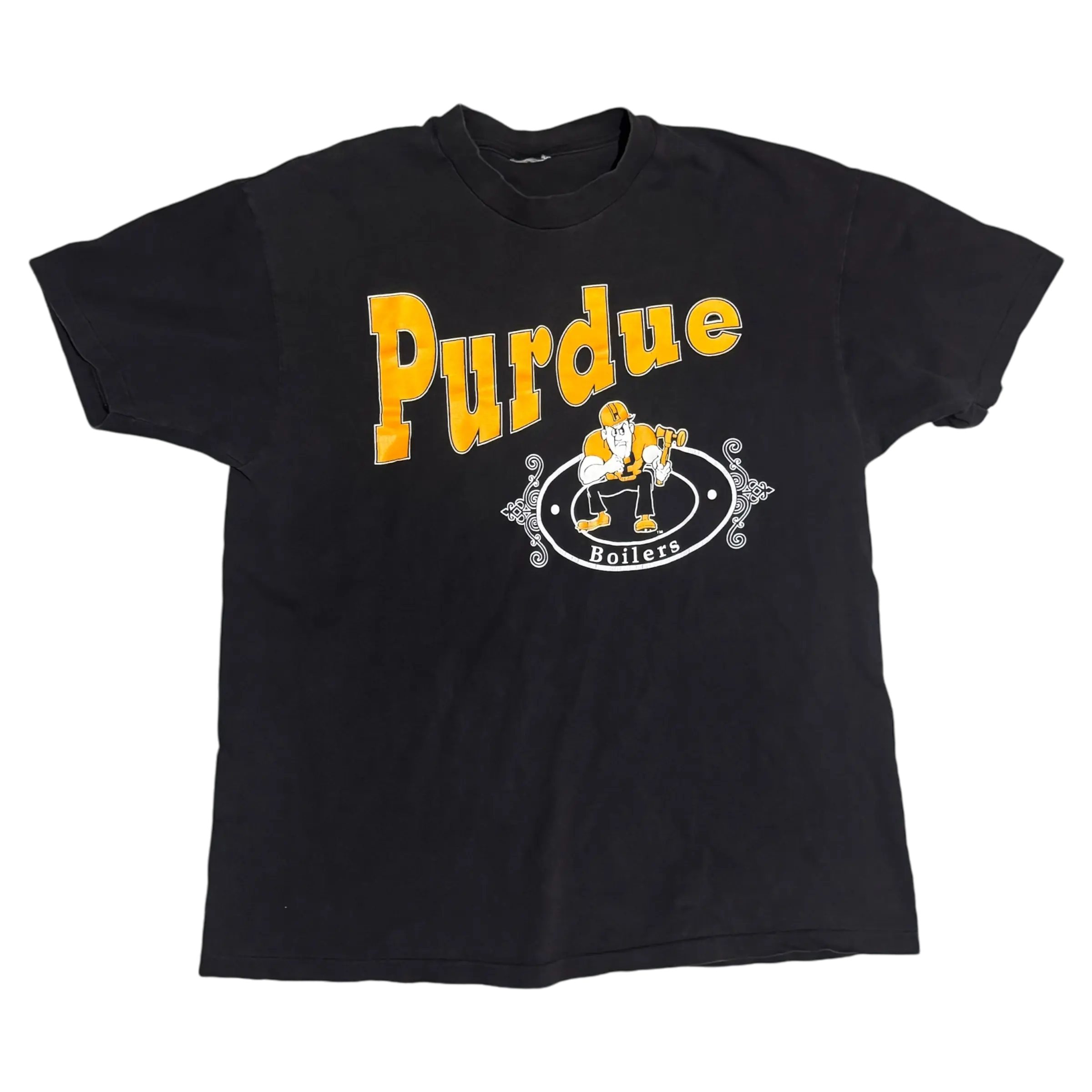 Vintage Purdue Boilers black t-shirt with bold yellow logo, size XL.