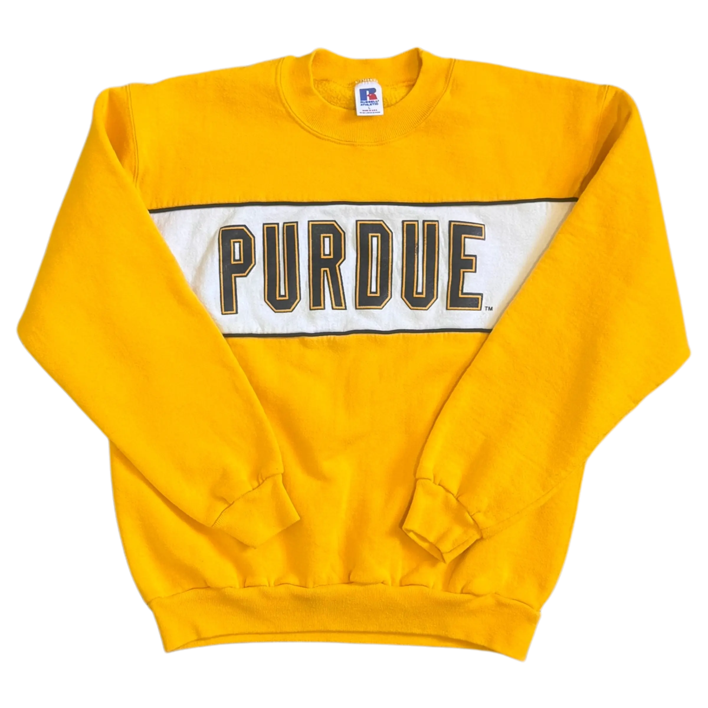 Yellow crewneck sweatshirt with a bold ‘Purdue’ banner design across the chest, medium size, perfect for game days or casual wear.